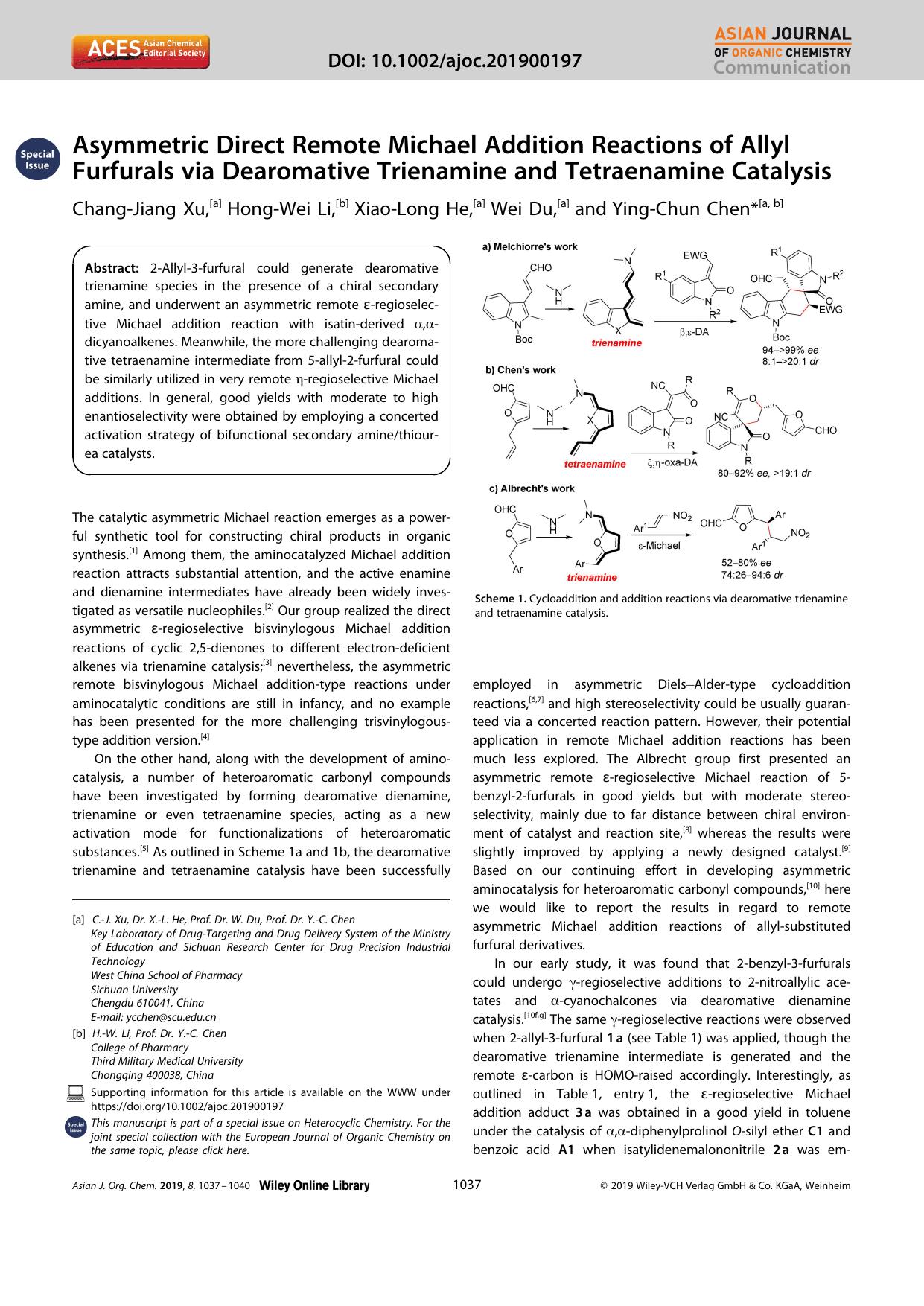 Asymmetric Direct Remote Michael Addition Reactions of Allyl Furfurals via Dearomative Trienamine and Tetraenamine Catalysis by Unknown