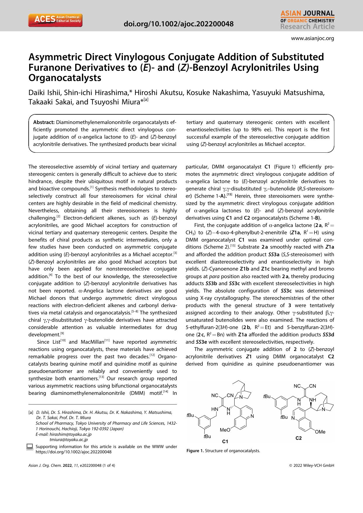 Asymmetric Direct Vinylogous Conjugate Addition of Substituted Furanone Derivatives to (E)â and (Z)âBenzoyl Acrylonitriles Using Organocatalysts by Unknown