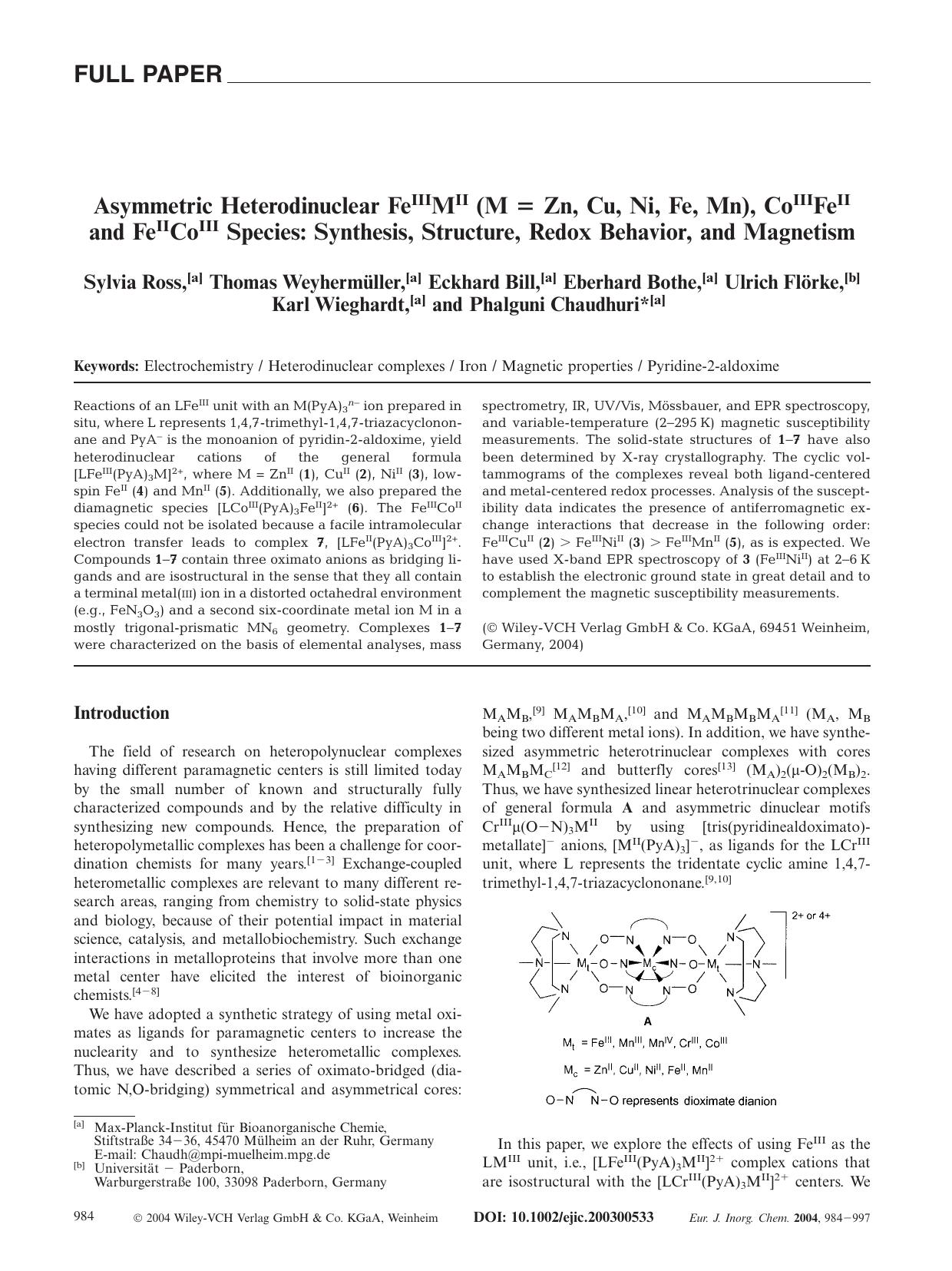 Asymmetric Heterodinuclear FeIIIMII (M = Zn, Cu, Ni, Fe, Mn), CoIIIFeII and FeIICoIII Species: Synthesis, Structure, Redox Behavior, and Magnetism by Unknown