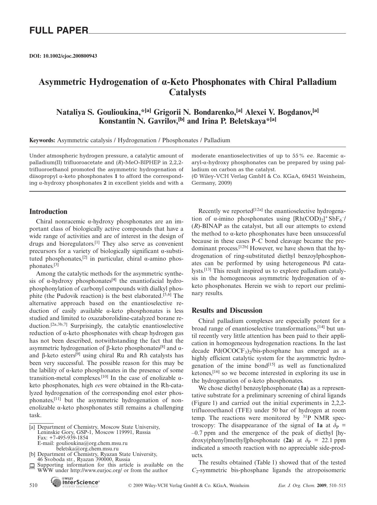 Asymmetric Hydrogenation of [alpha]-Keto Phosphonates with Chiral Palladium Catalysts by Unknown