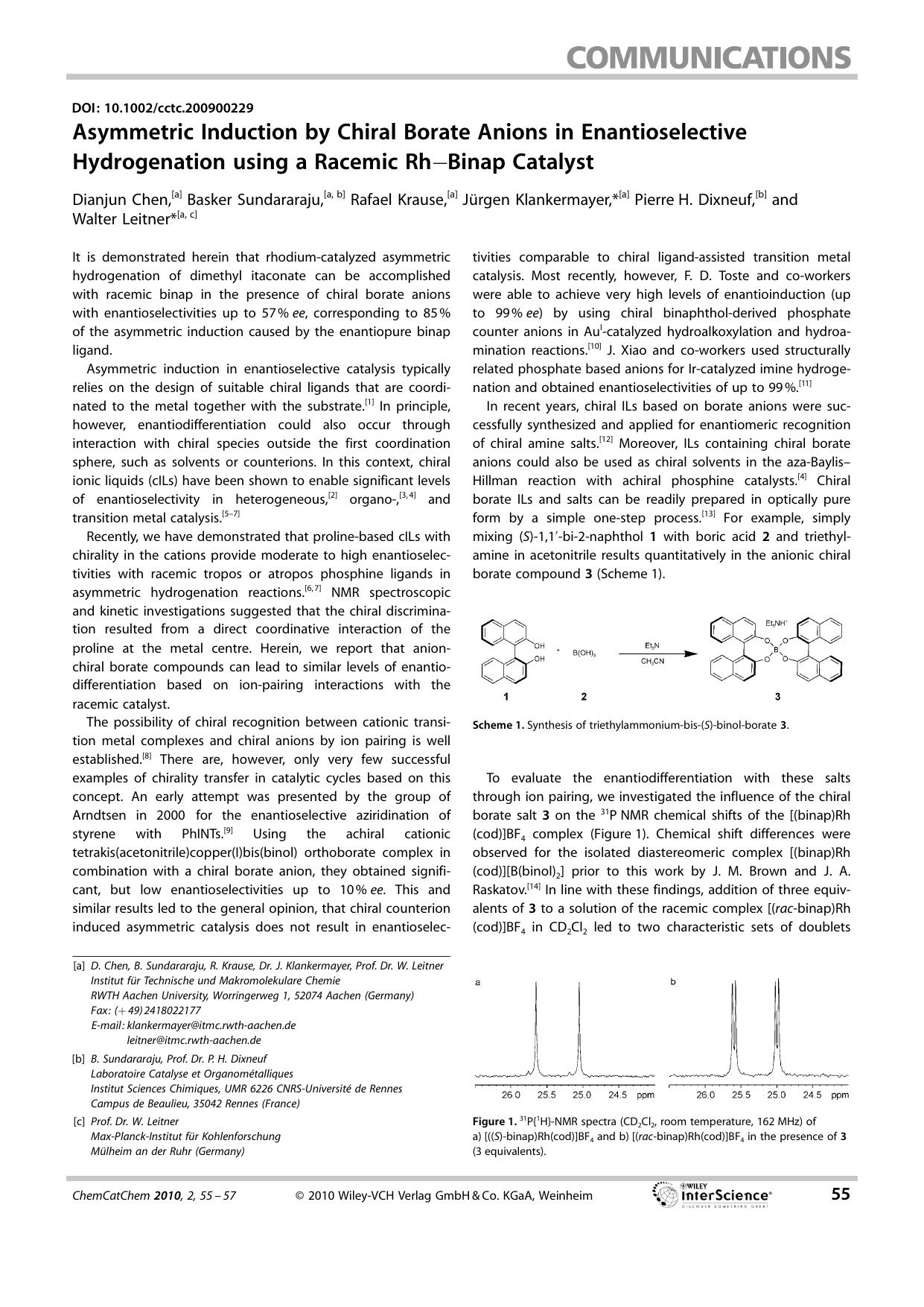 Asymmetric Induction by Chiral Borate Anions in Enantioselective Hydrogenation using a Racemic Rh[bond]Binap Catalyst by Unknown