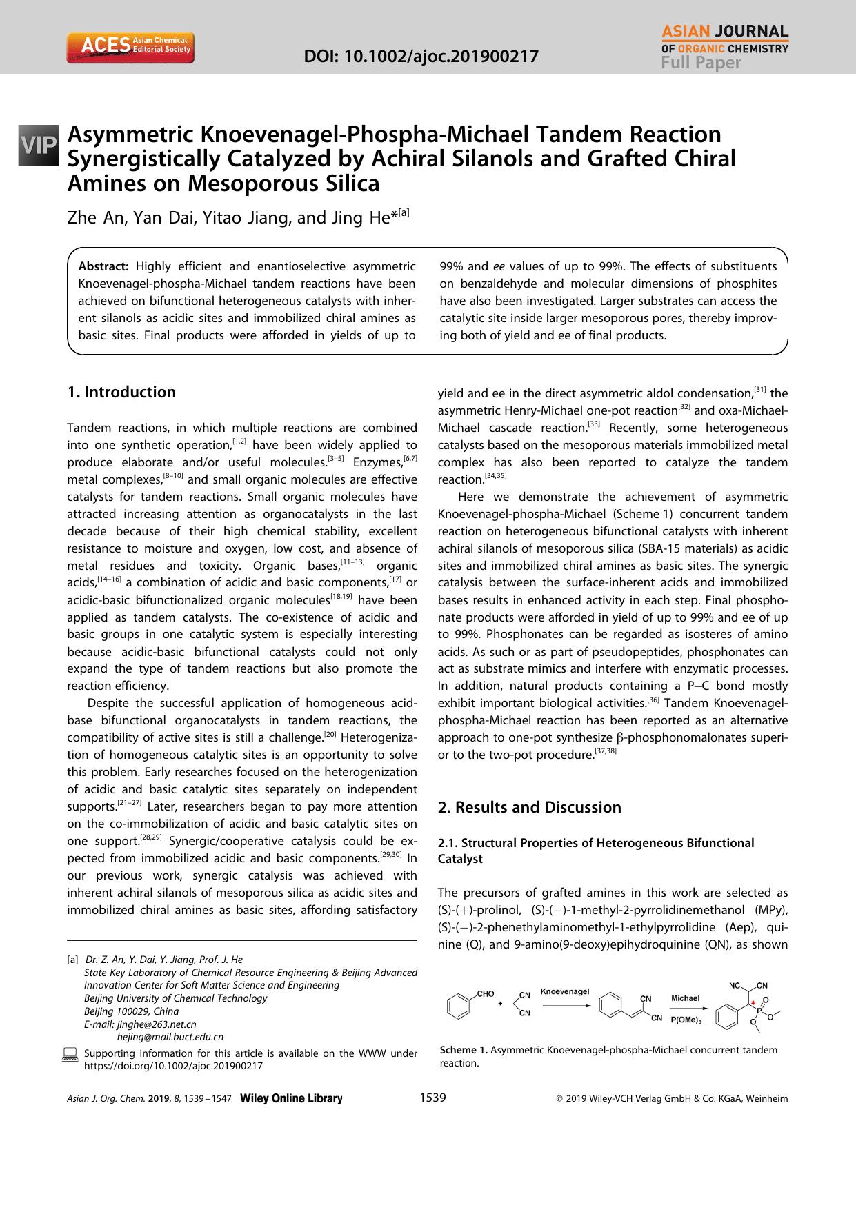 Asymmetric KnoevenagelâPhosphaâMichael Tandem Reaction Synergistically Catalyzed by Achiral Silanols and Grafted Chiral Amines on Mesoporous Silica by Unknown
