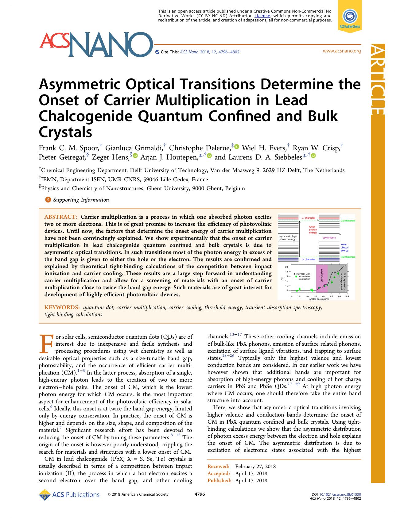 Asymmetric Optical Transitions Determine the Onset of Carrier Multiplication in Lead Chalcogenide Quantum Confined and Bulk Crystals by unknow
