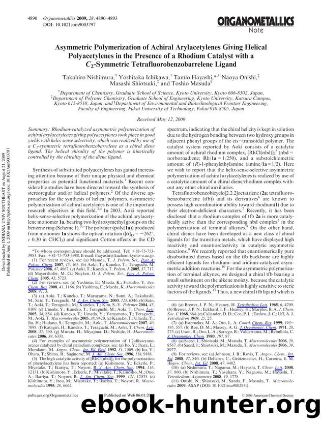 Asymmetric Polymerization of Achiral Arylacetylenes Giving Helical Polyacetylenes in the Presence of a Rhodium Catalyst with a C2-Symmetric Tetrafluorobenzobarrelene Ligand by unknow