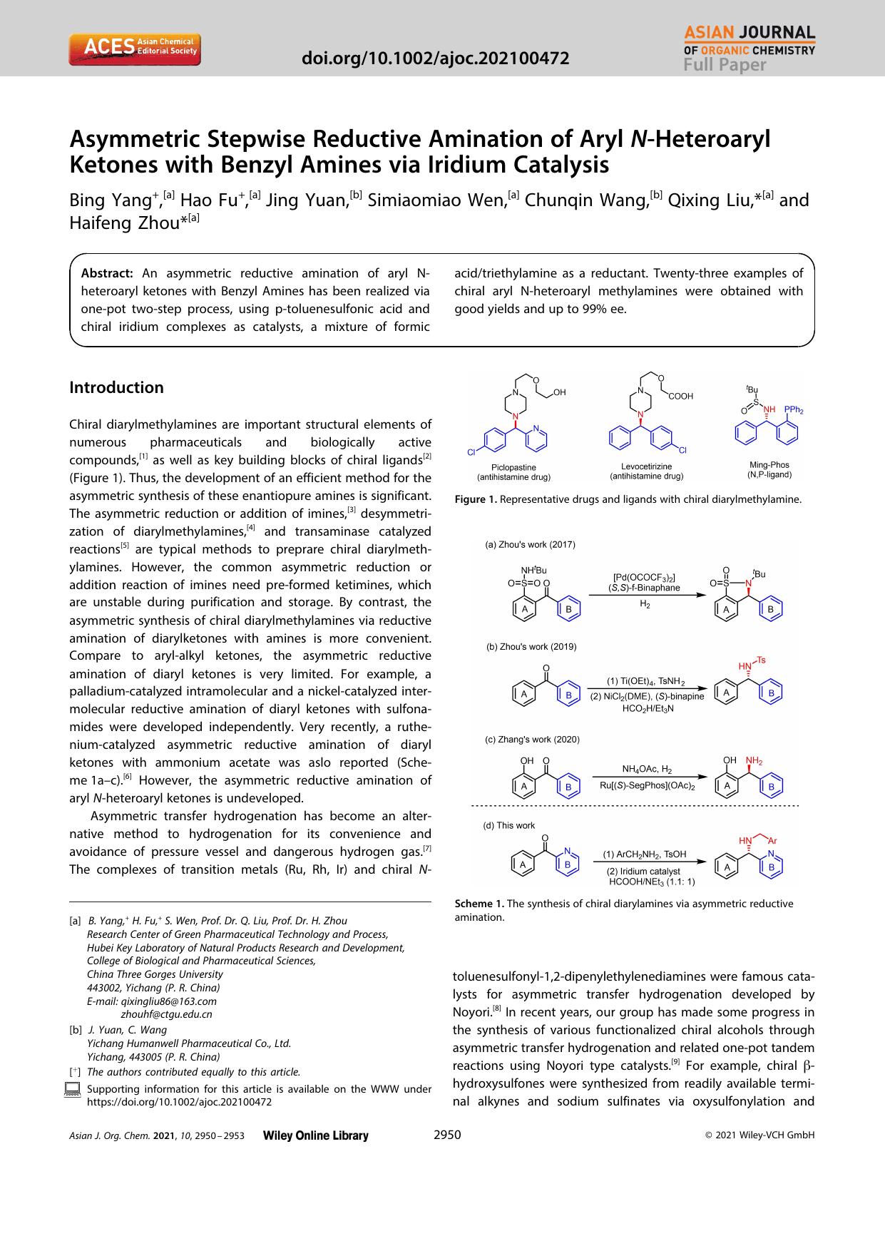 Asymmetric Stepwise Reductive Amination of Aryl NâHeteroaryl Ketones with Benzyl Amines via Iridium Catalysis by Unknown