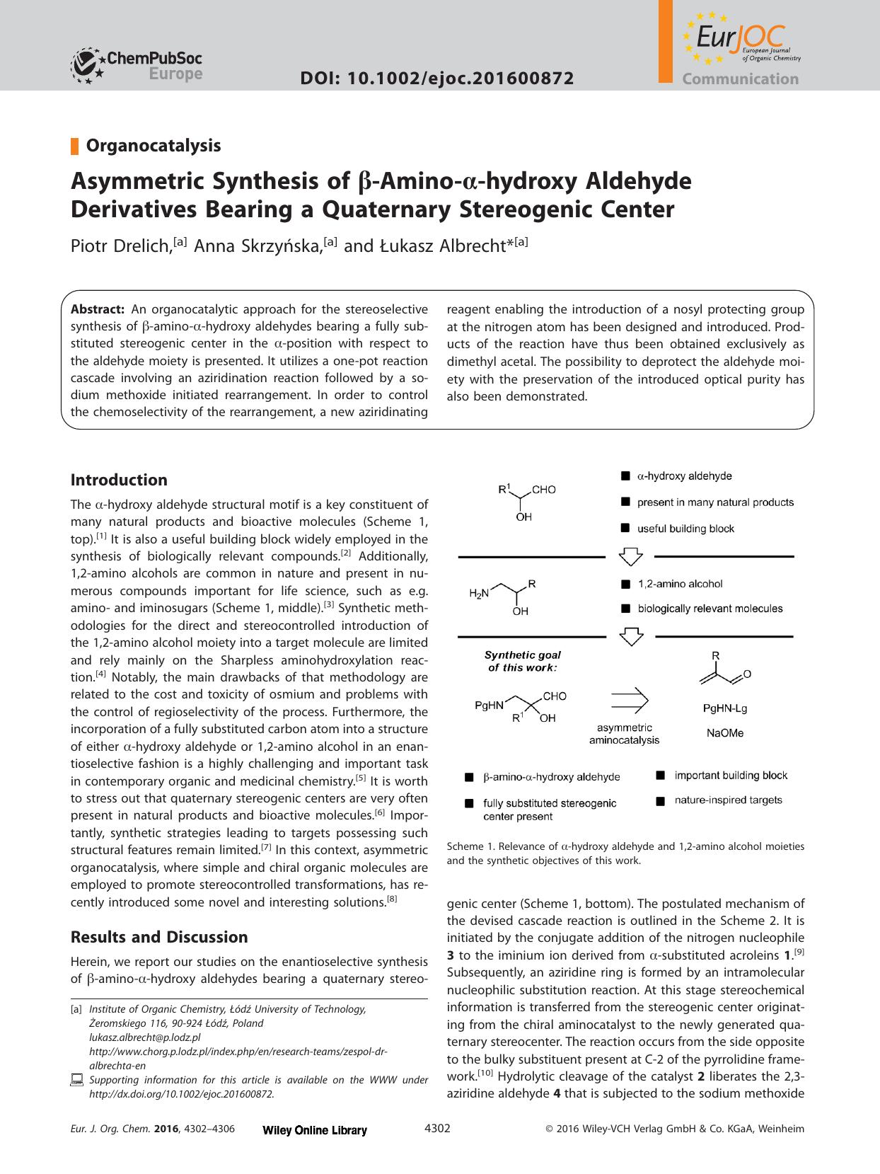 Asymmetric Synthesis of &#x003B2;&#x02010;Amino&#x02010;&#x003B1;&#x02010;hydroxy Aldehyde Derivatives Bearing a Quaternary Stereogenic Center by Unknown