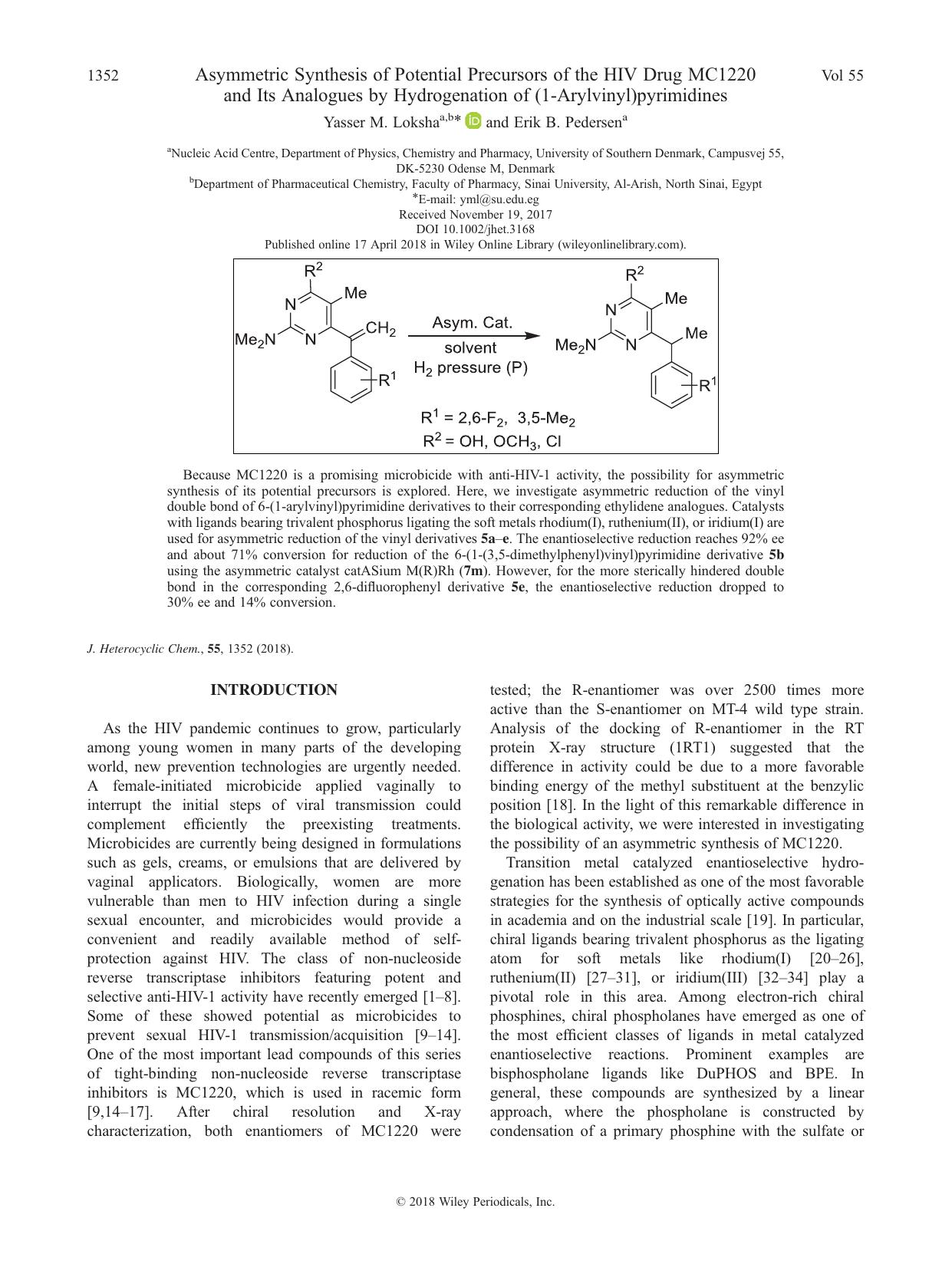 Asymmetric Synthesis of Potential Precursors of the HIV Drug MC1220 and Its Analogues by Hydrogenation of (1-Arylvinyl)pyrimidines by Yasser M. Loksha & Erik B. Pedersen