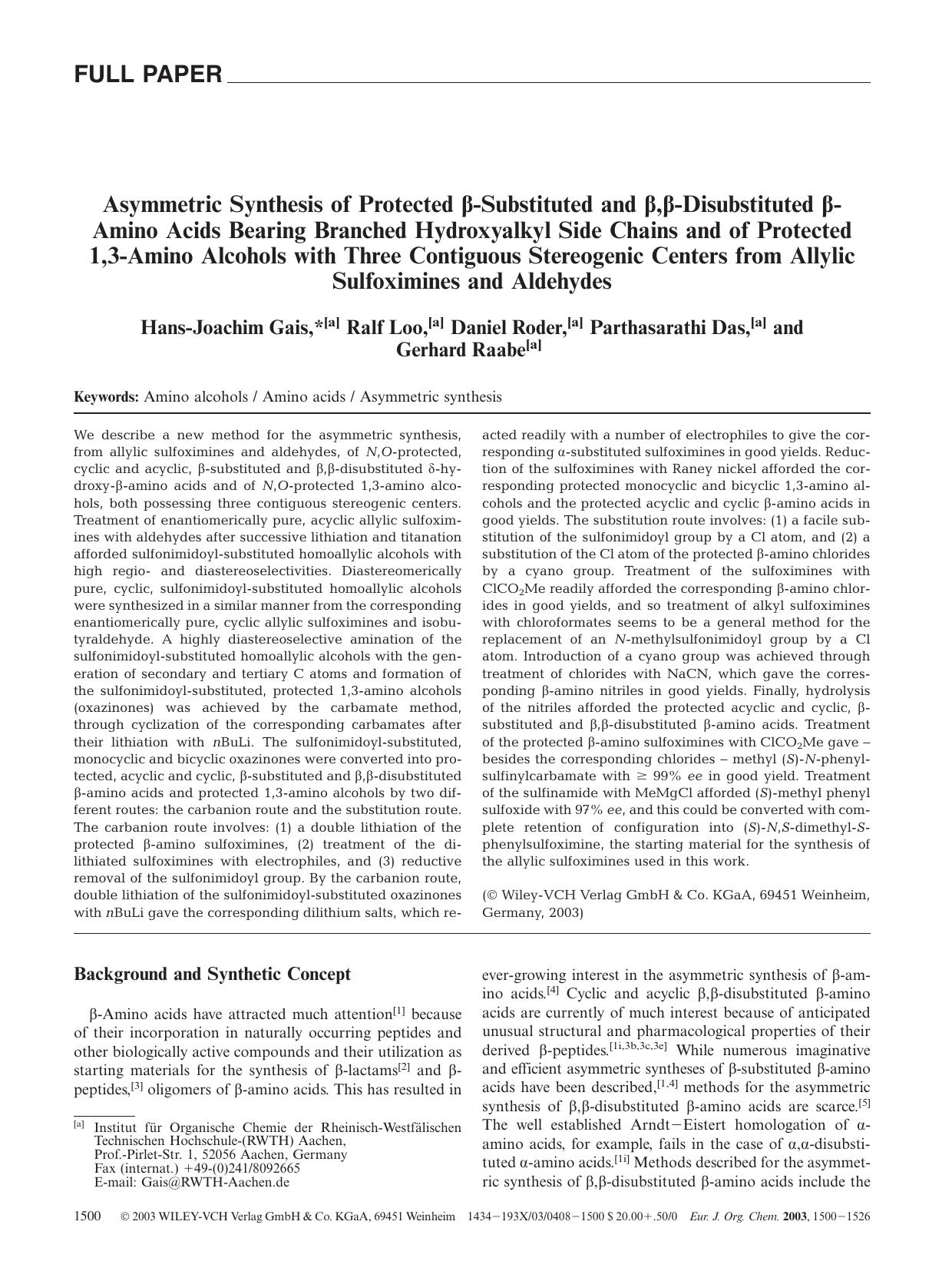Asymmetric Synthesis of Protected [beta]-Substituted and [beta],[beta]-Disubstituted [beta]-Amino Acids Bearing Branched Hydroxyalkyl Side Chains and of Protected 1,3-Amino Alcohol by Unknown