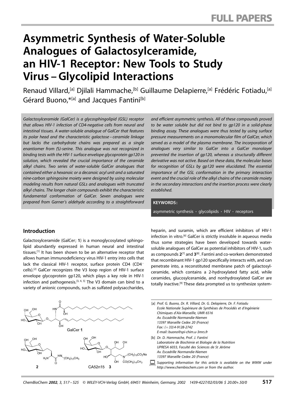 Asymmetric Synthesis of Water-Soluble Analogues of Galactosylceramide, an HIV-1 Receptor: New Tools to Study Virus-Glycolipid Interactions by Unknown