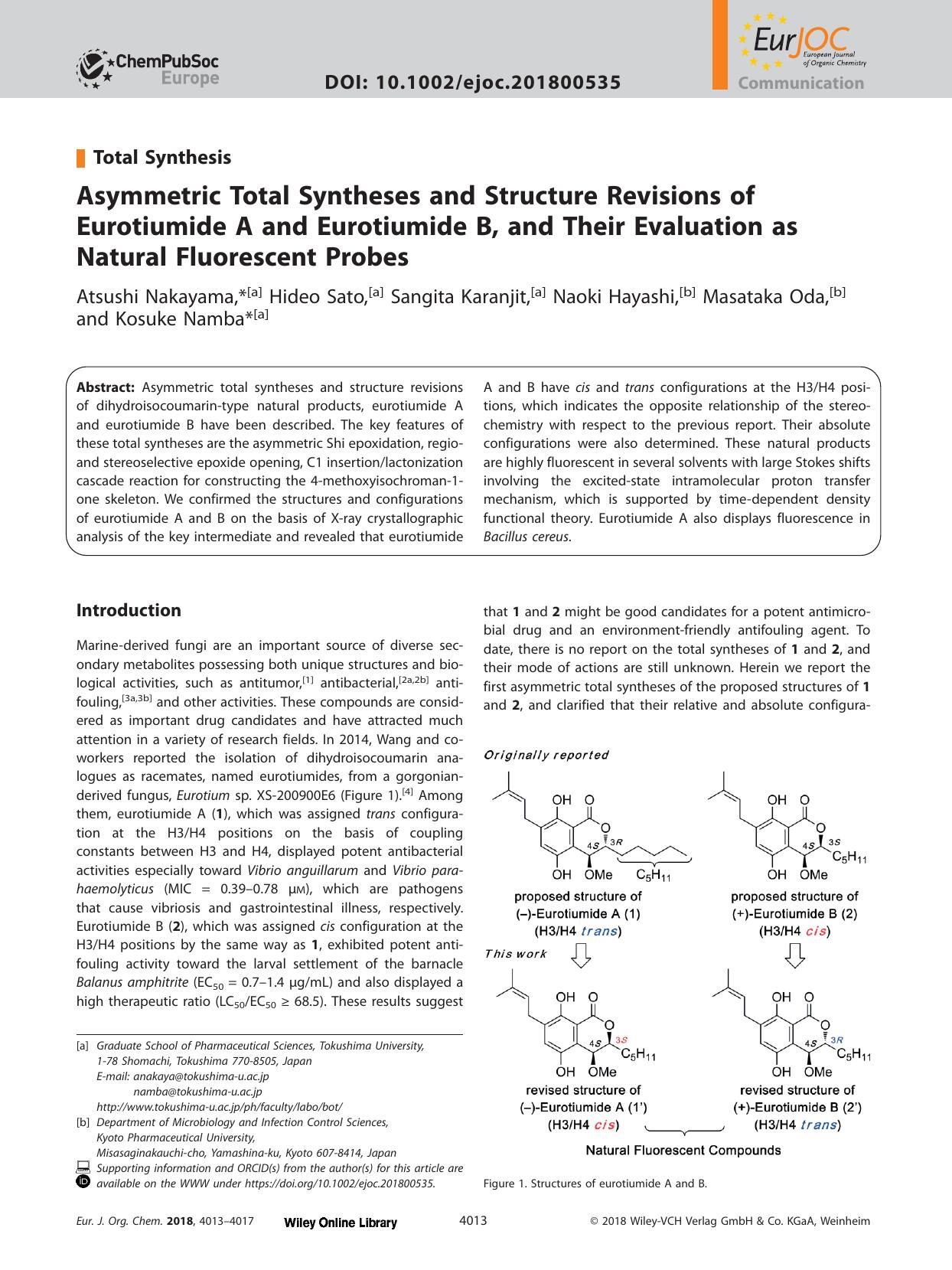 Asymmetric Total Syntheses and Structure Revisions of Eurotiumide A and Eurotiumide B, and Their Evaluation as Natural Fluorescent Probes by Unknown