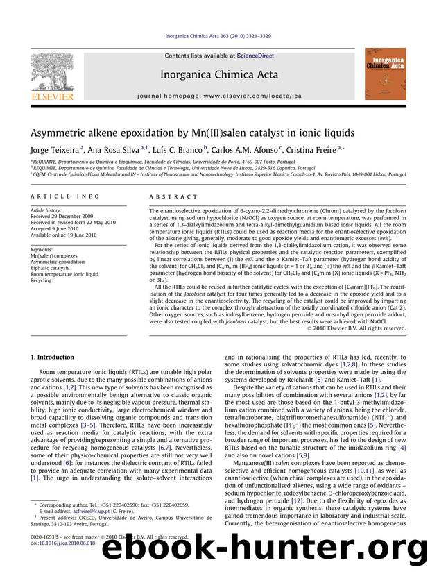 Asymmetric alkene epoxidation by Mn(III)salen catalyst in ionic liquids by Jorge Teixeira & Ana Rosa Silva & Luís C. Branco & Carlos A.M. Afonso & Cristina Freire