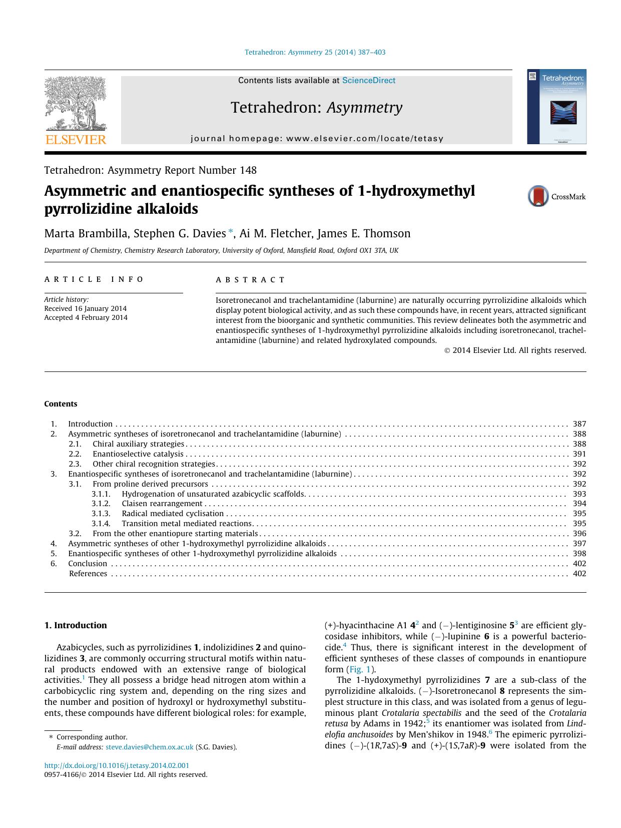 Asymmetric and enantiospecific syntheses of 1-hydroxymethyl pyrrolizidine alkaloids by Marta Brambilla & Stephen G. Davies & Ai M. Fletcher & James E. Thomson