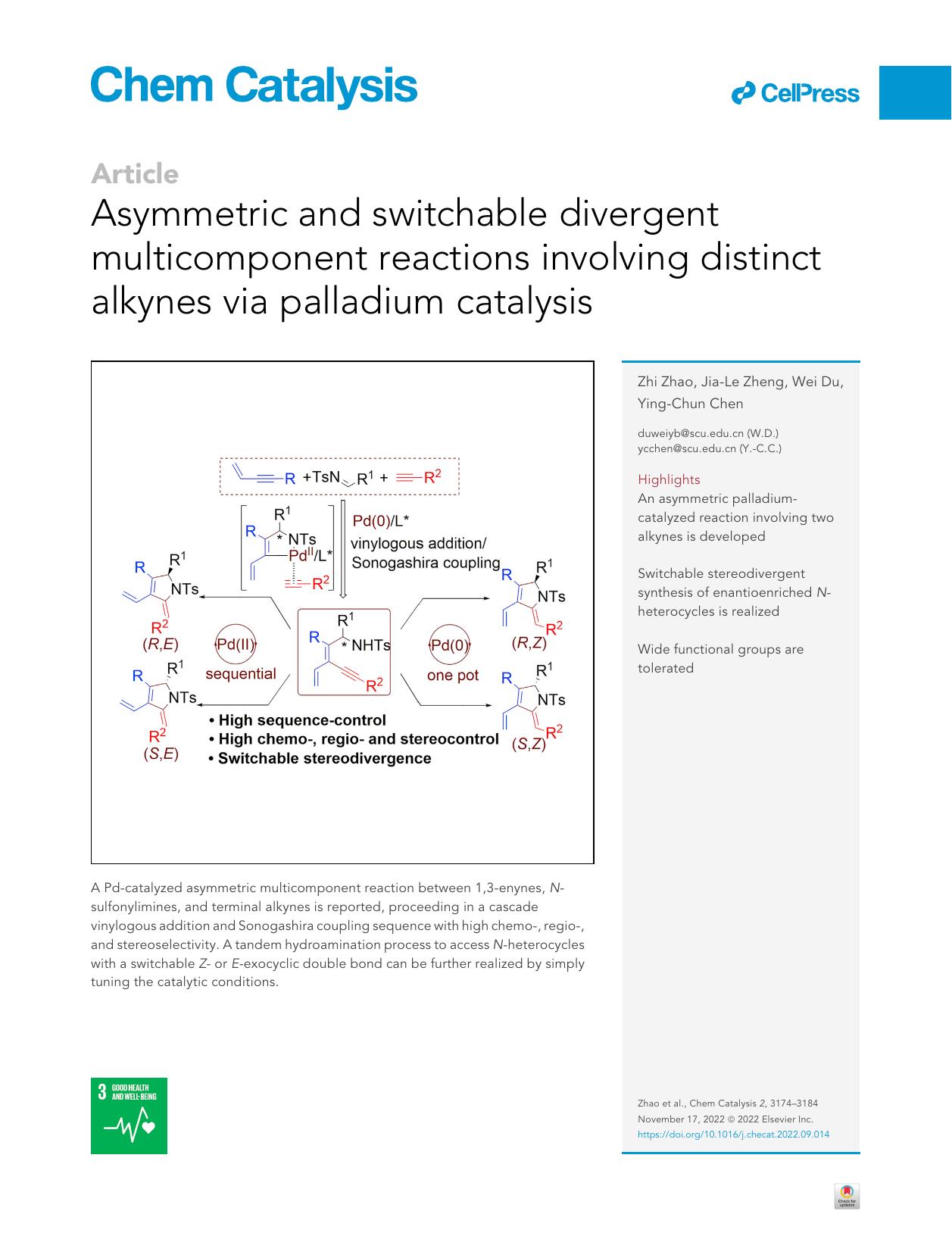 Asymmetric and switchable divergent multicomponent reactions involving distinct alkynes via palladium catalysis by Zhi Zhao & Jia-Le Zheng & Wei Du & Ying-Chun Chen