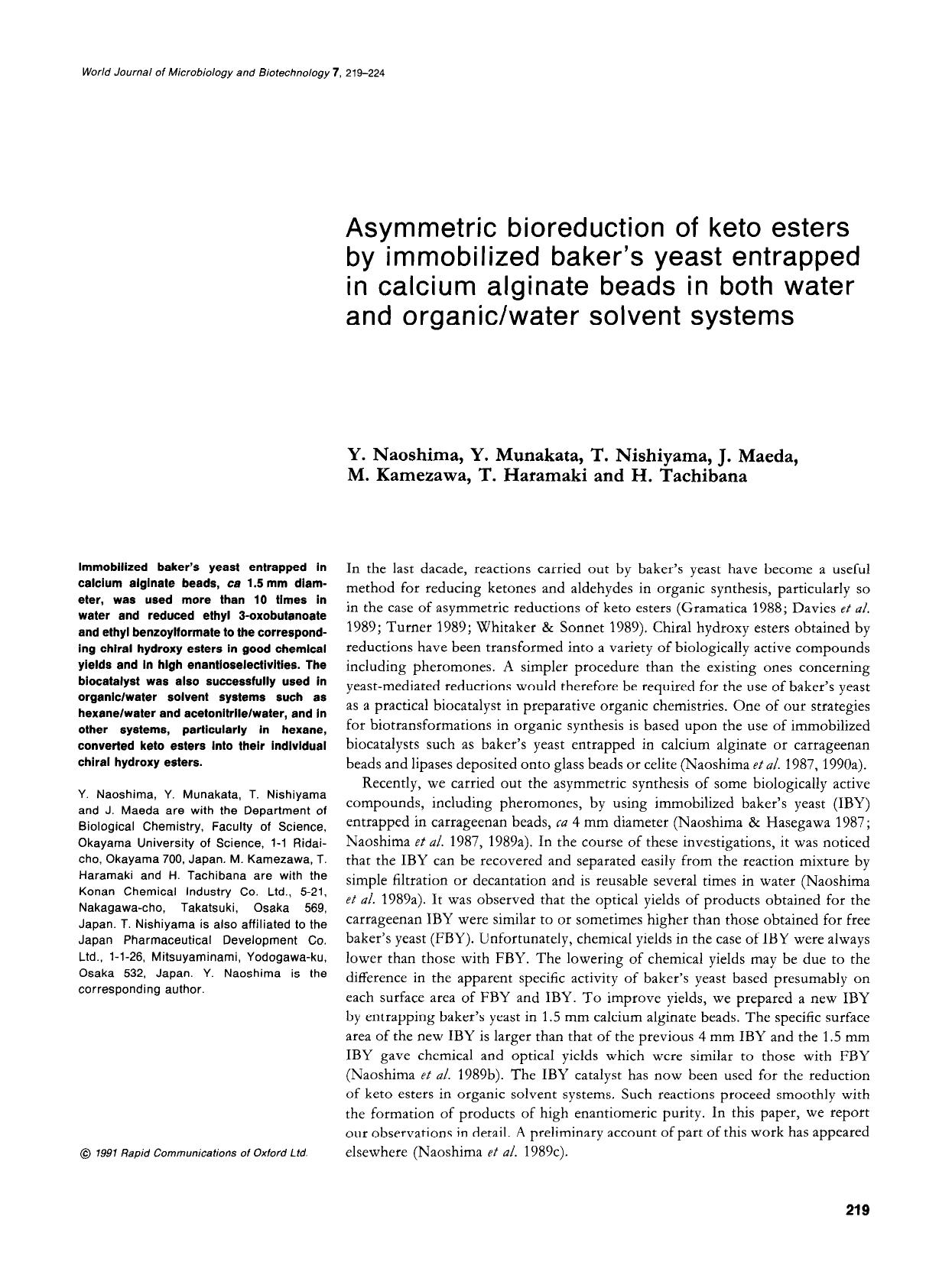 Asymmetric bioreduction of keto esters by immobilized baker's yeast entrapped in calcium alginate beads in both water and organicwater solvent systems by Unknown