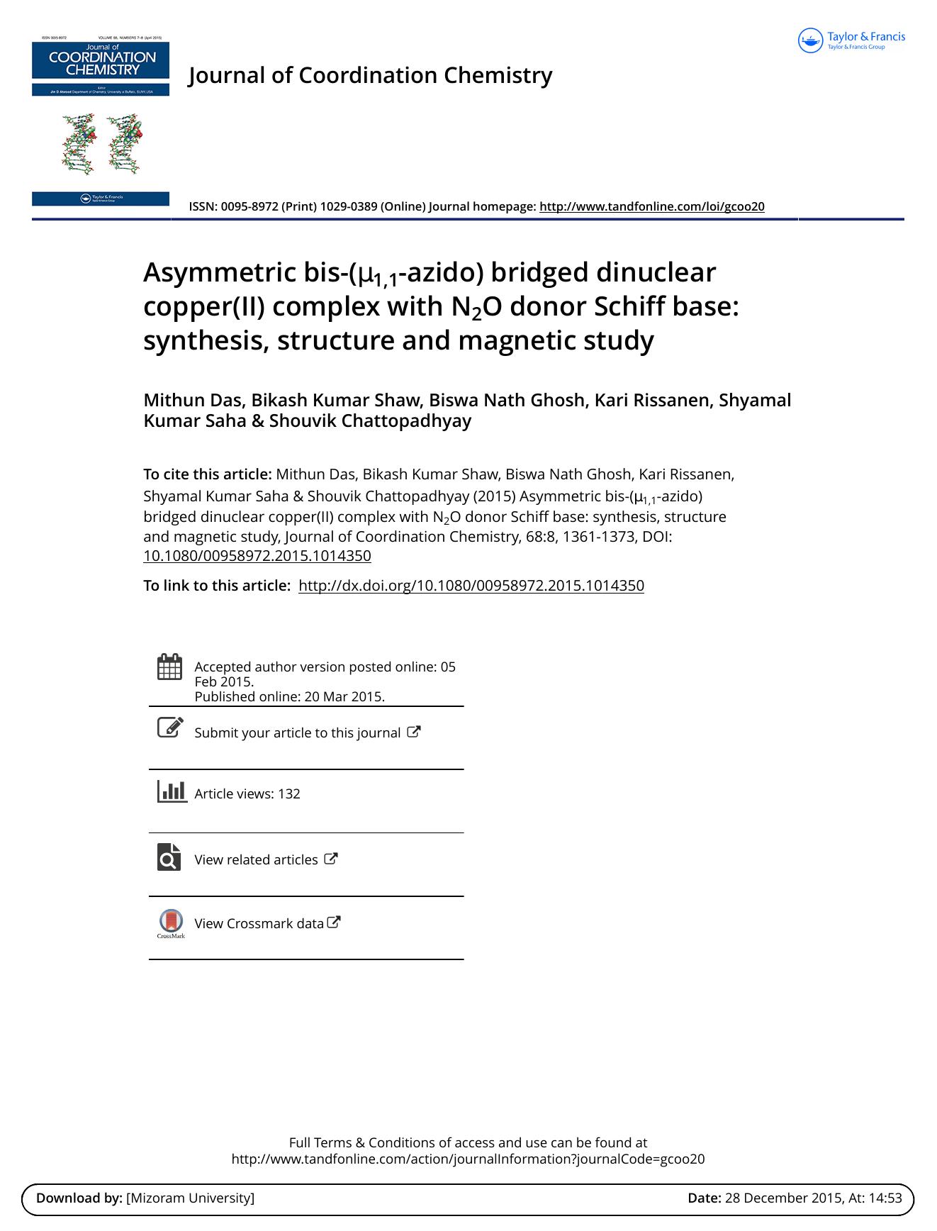 Asymmetric bis-(Î¼1,1-azido) bridged dinuclear copper(II) complex with N2O donor Schiff base: synthesis, structure and magnetic study by Mithun Das