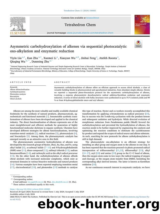 Asymmetric carbohydroxylation of alkenes via sequential photocatalytic oxo-alkylation and enzymatic reduction by unknow