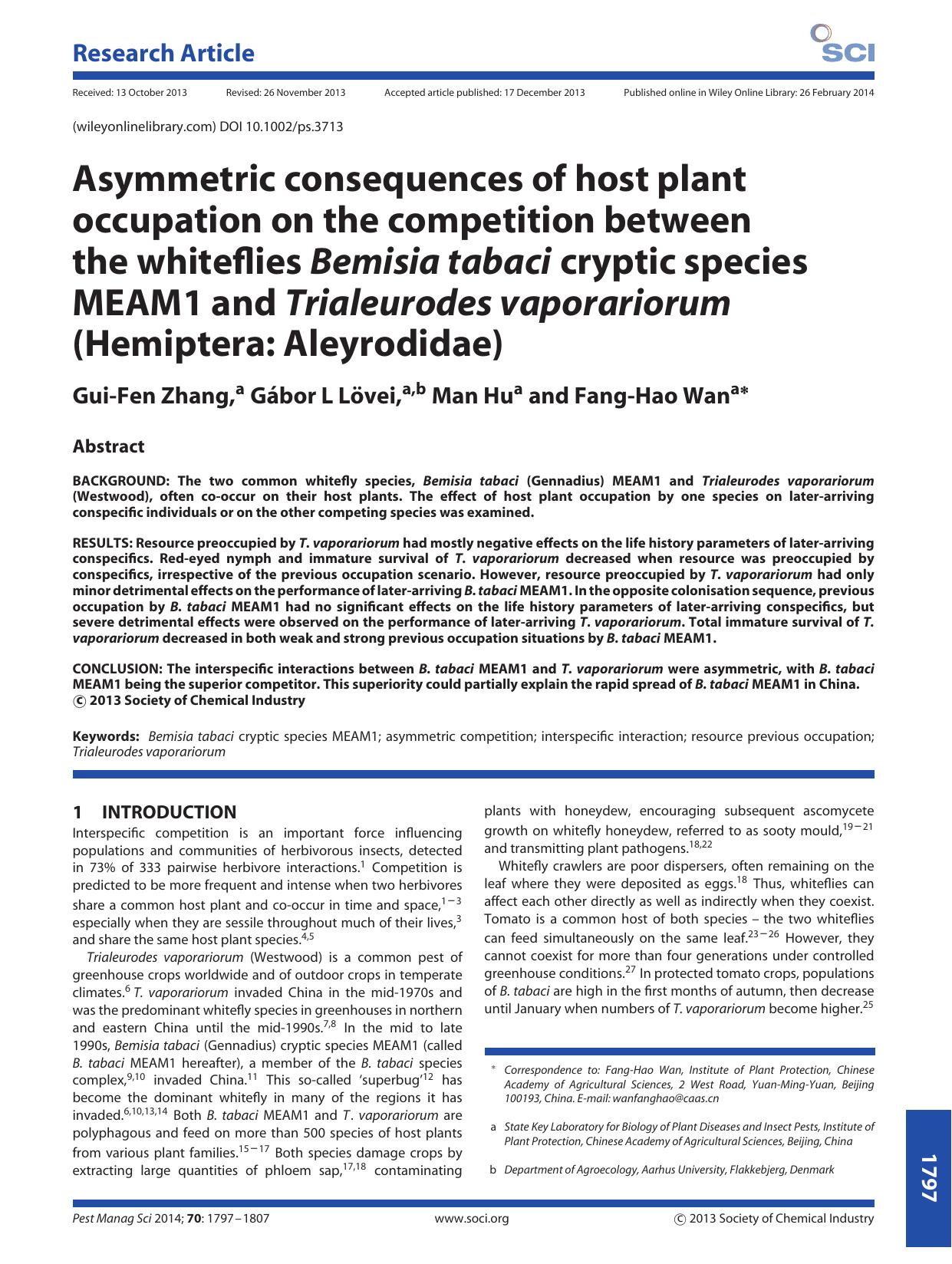 Asymmetric consequences of host plant occupation on the competition between the whiteflies Bemisia tabaci cryptic species MEAM1 and Trialeurodes vaporariorum (Hemiptera: Aleyrodidae) by Unknown