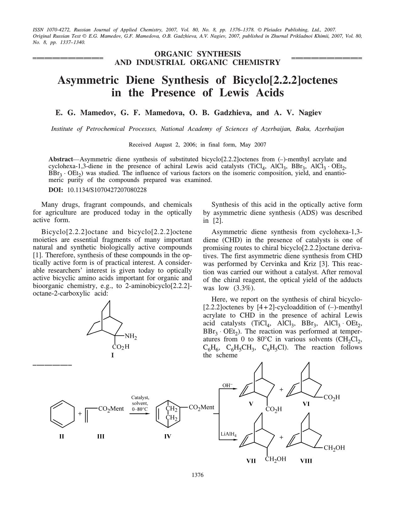 Asymmetric diene synthesis of bicyclo[2.2.2]octenes in the presence of Lewis acids by Unknown