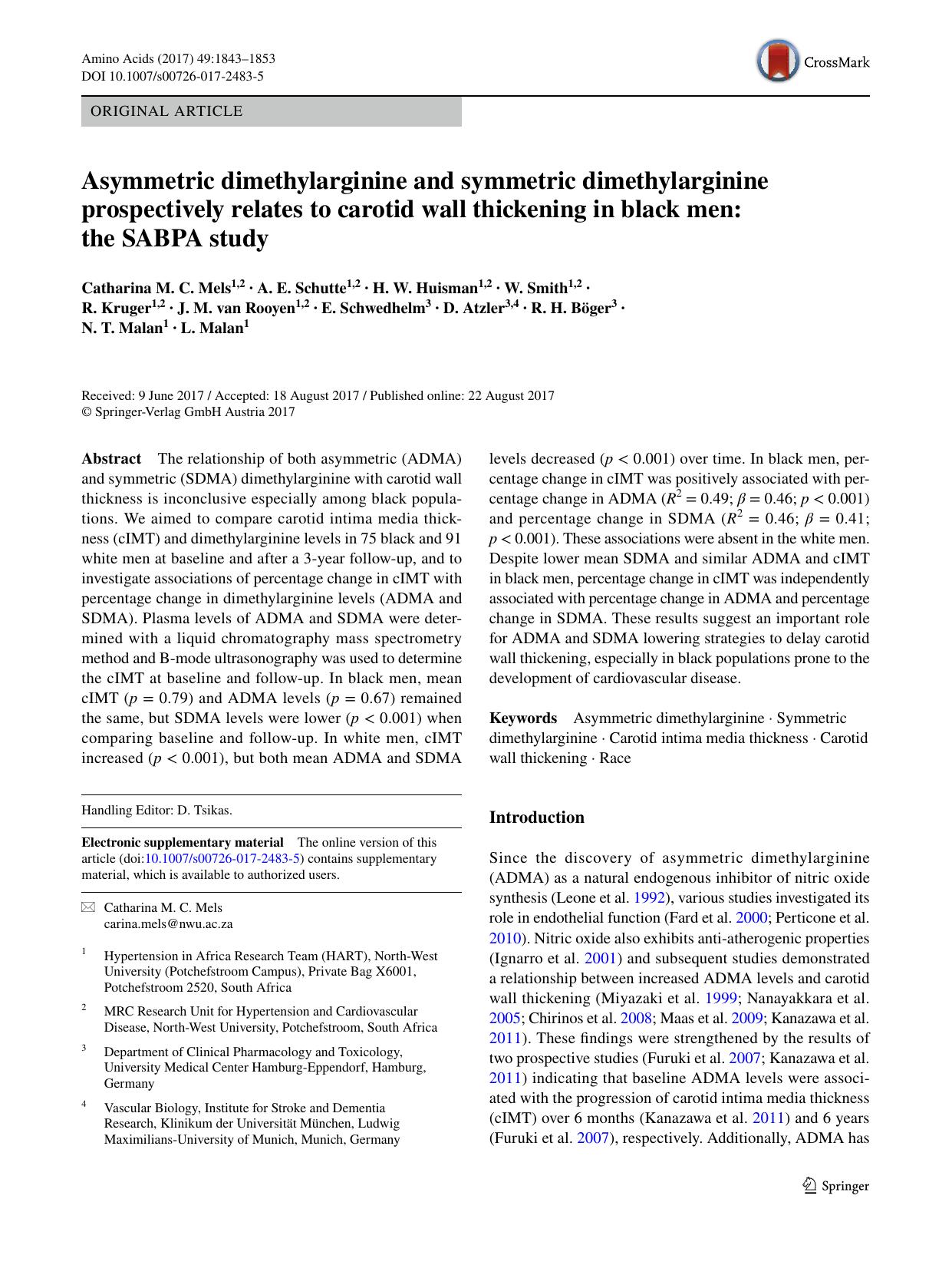 Asymmetric dimethylarginine and symmetric dimethylarginine prospectively relates to carotid wall thickening in black men: the SABPA study by unknow