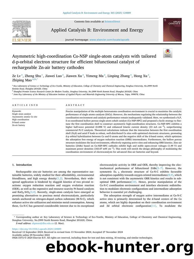 Asymmetric high-coordination Co-NSP single-atom catalysts with tailored d-p-orbital electron structure for efficient bifunctional catalyst of rechargeable Zn-air battery cathodes by Ze Lv & Zheng Shu & Jiawei Luo & Jiawen Xu & Yimeng Ma & Linping Zhang & Hong Xu & Zhiping Mao