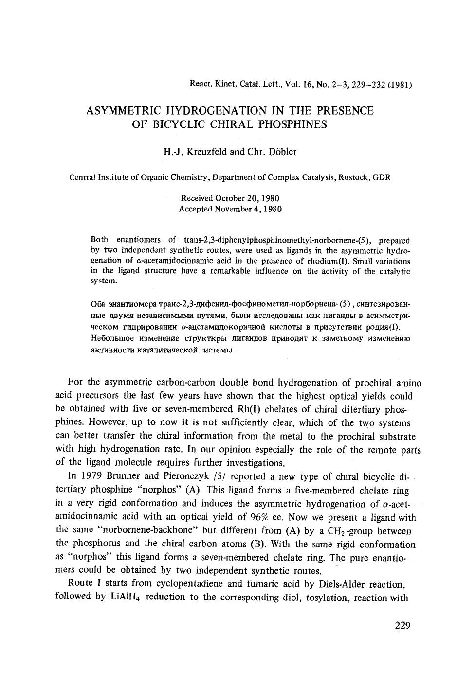 Asymmetric hydrogenation in the presence of bicyclic chiral phosphines by Unknown