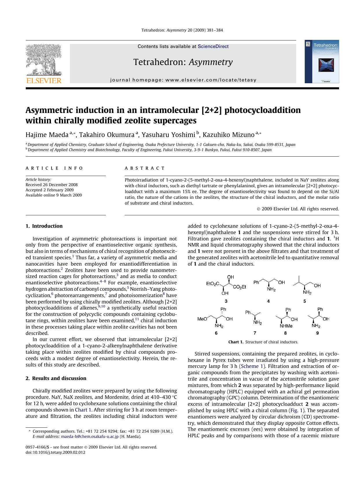 Asymmetric induction in an intramolecular [2+2] photocycloaddition within chirally modified zeolite supercages by Hajime Maeda; Takahiro Okumura; Yasuharu Yoshimi; Kazuhiko Mizuno