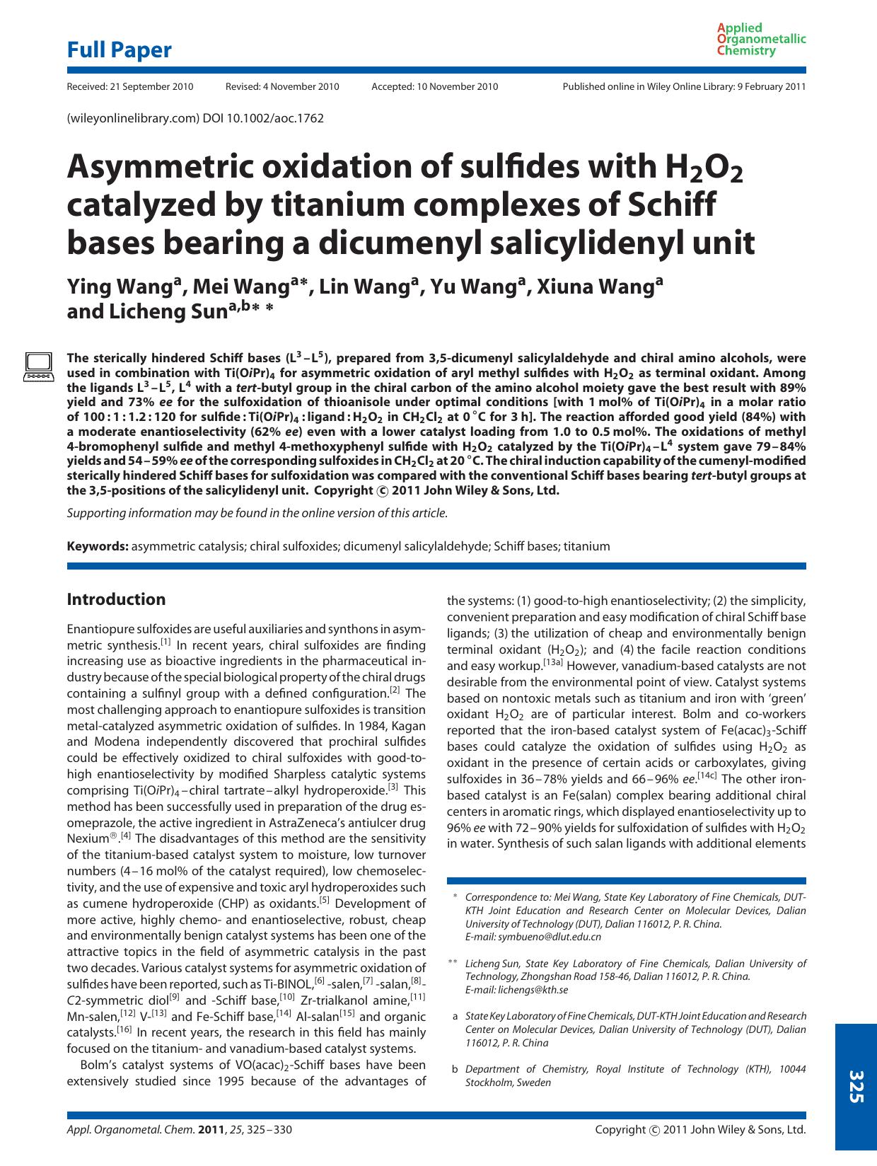 Asymmetric oxidation of sulfides with H2O2 catalyzed by titanium complexes of Schiff bases bearing a dicumenyl salicylidenyl unit by Unknown