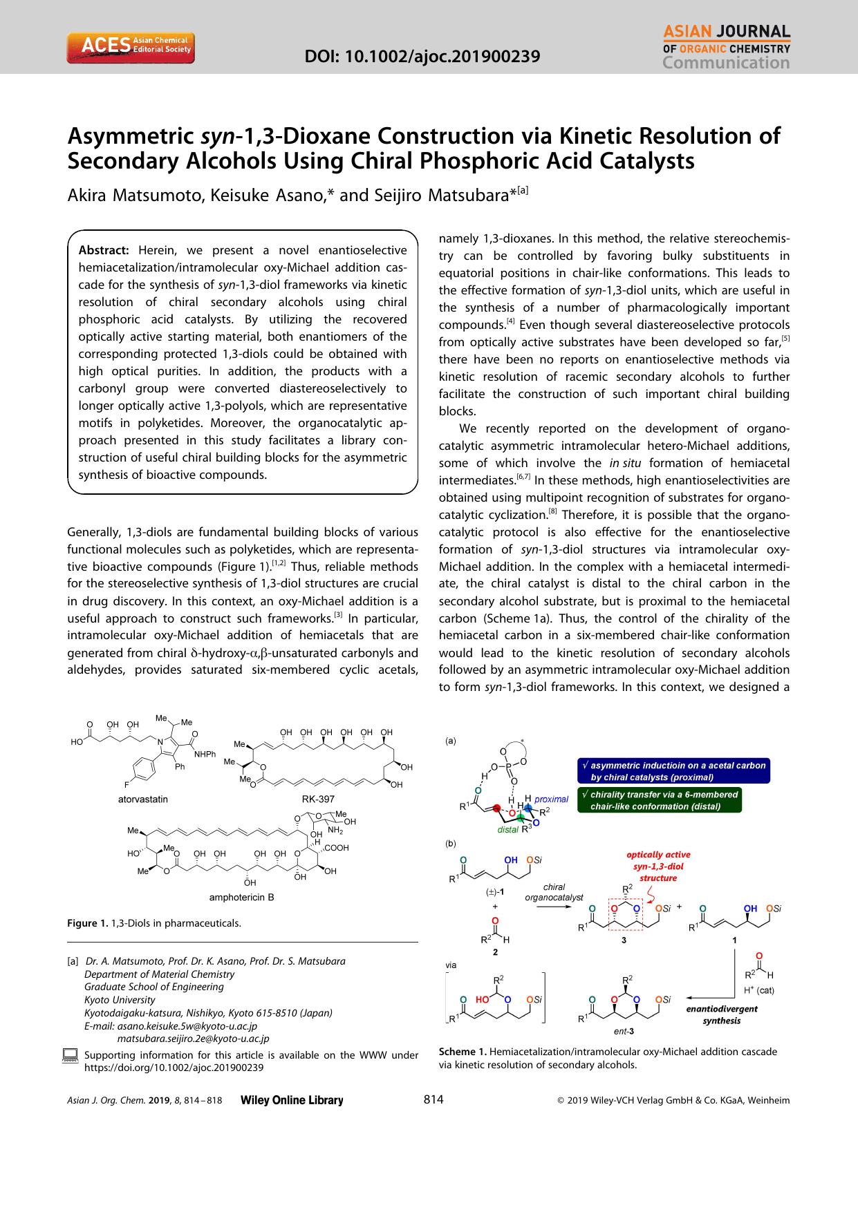 Asymmetric synâ1,3âDioxane Construction via Kinetic Resolution of Secondary Alcohols Using Chiral Phosphoric Acid Catalysts by Unknown