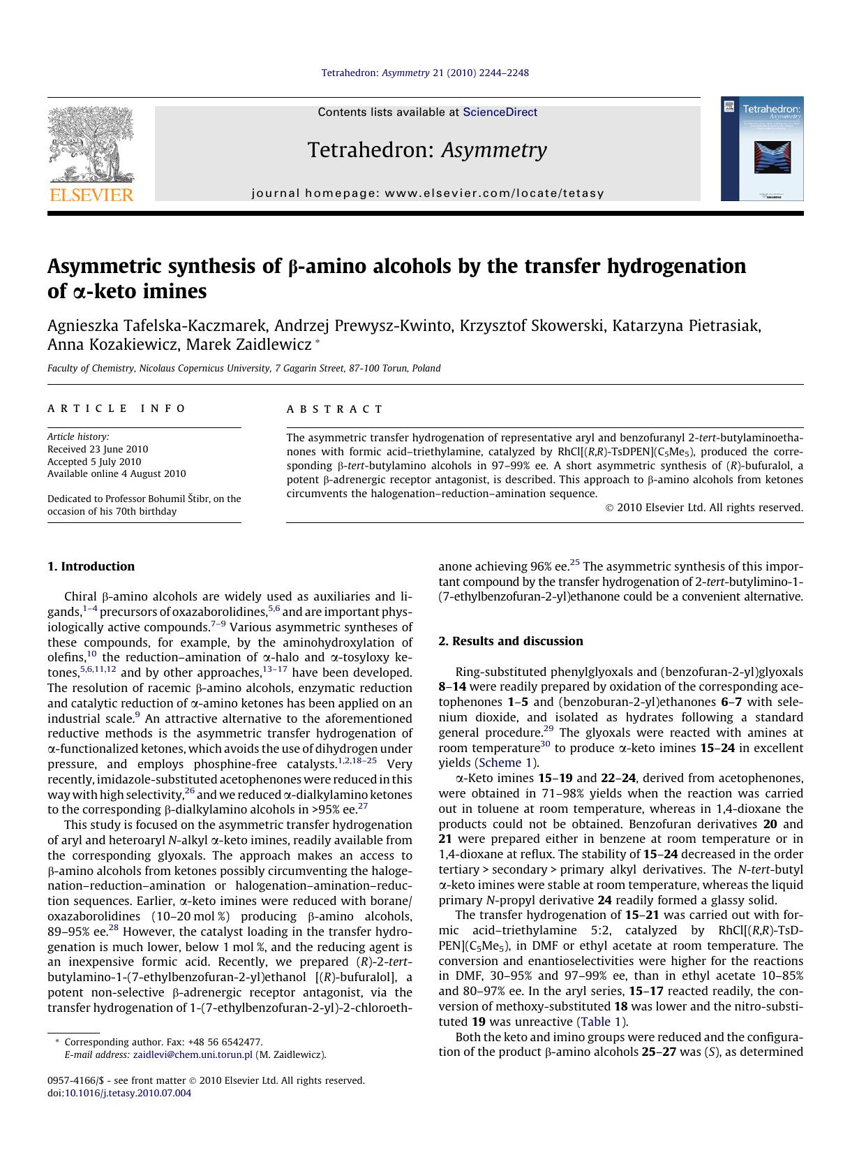 Asymmetric synthesis of ÃÂ²-amino alcohols by the transfer hydrogenation of ÃÂ±-keto imines by unknow