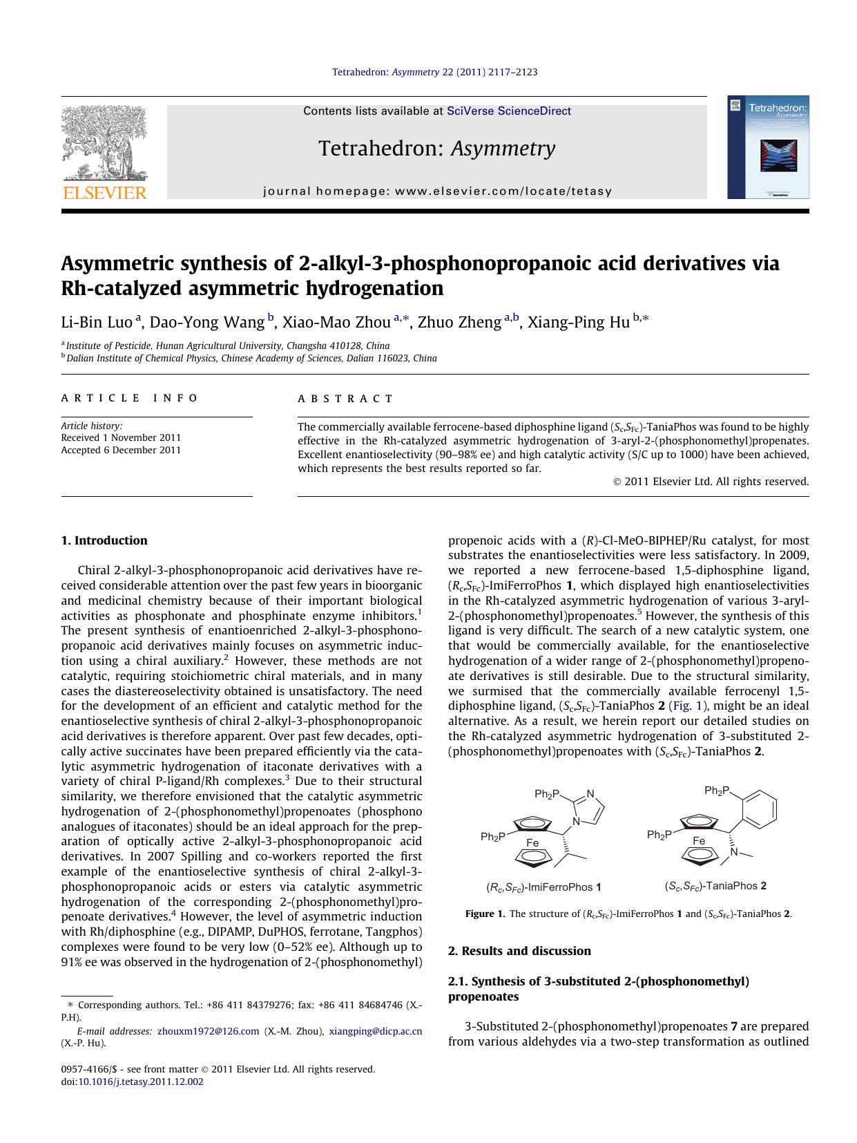 Asymmetric synthesis of 2-alkyl-3-phosphonopropanoic acid derivatives via Rh-catalyzed asymmetric hydrogenation by Li-Bin Luo & Dao-Yong Wang & Xiao-Mao Zhou & Zhuo Zheng & Xiang-Ping Hu