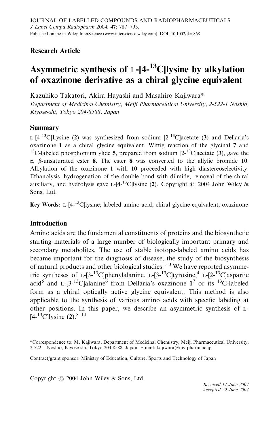 Asymmetric synthesis of L-[4-13C]lysine by alkylation of oxazinone derivative as a chiral glycine equivalent by Unknown