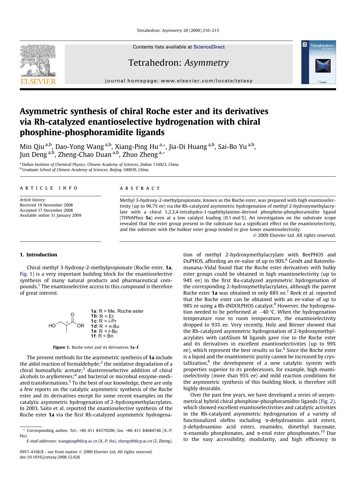 Asymmetric synthesis of chiral Roche ester and its derivatives via Rh-catalyzed enantioselective hydrogenation with chiral phosphine-phosphoramidite ligands by unknow
