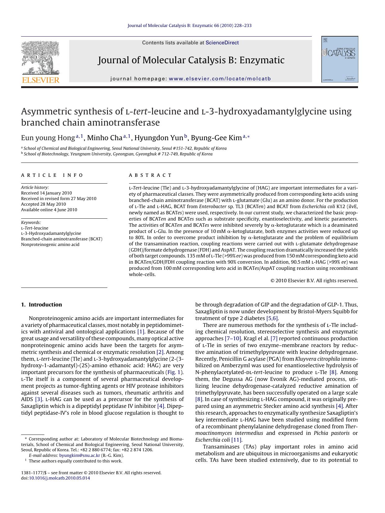 Asymmetric synthesis of l-tert-leucine and l-3-hydroxyadamantylglycine using branched chain aminotransferase by Eun young Hong