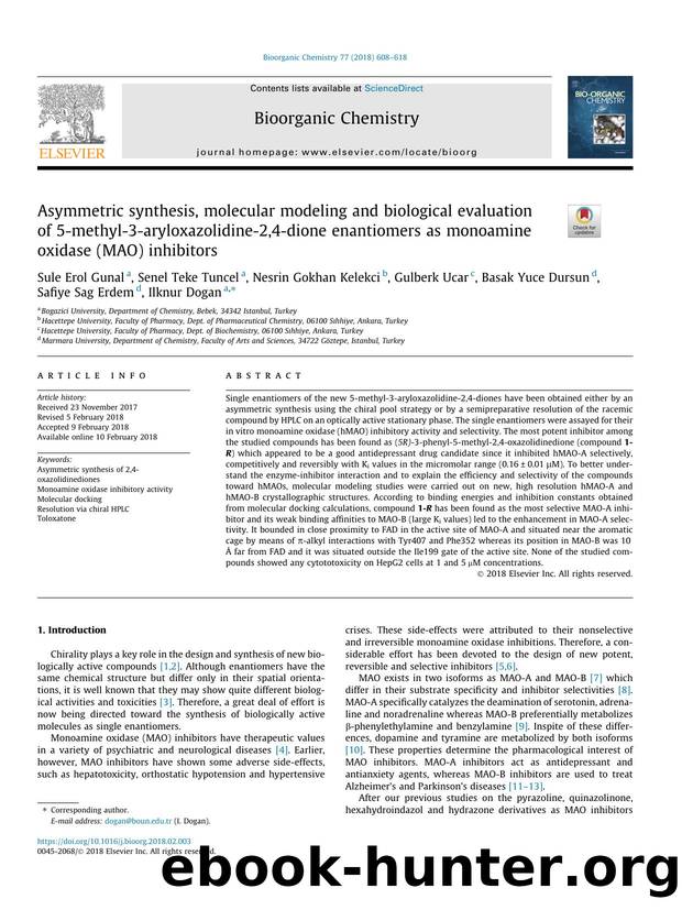 Asymmetric synthesis, molecular modeling and biological evaluation of 5-methyl-3-aryloxazolidine-2,4-dione enantiomers as monoamine oxidase (MAO) inhibitors by Sule Erol Gunal