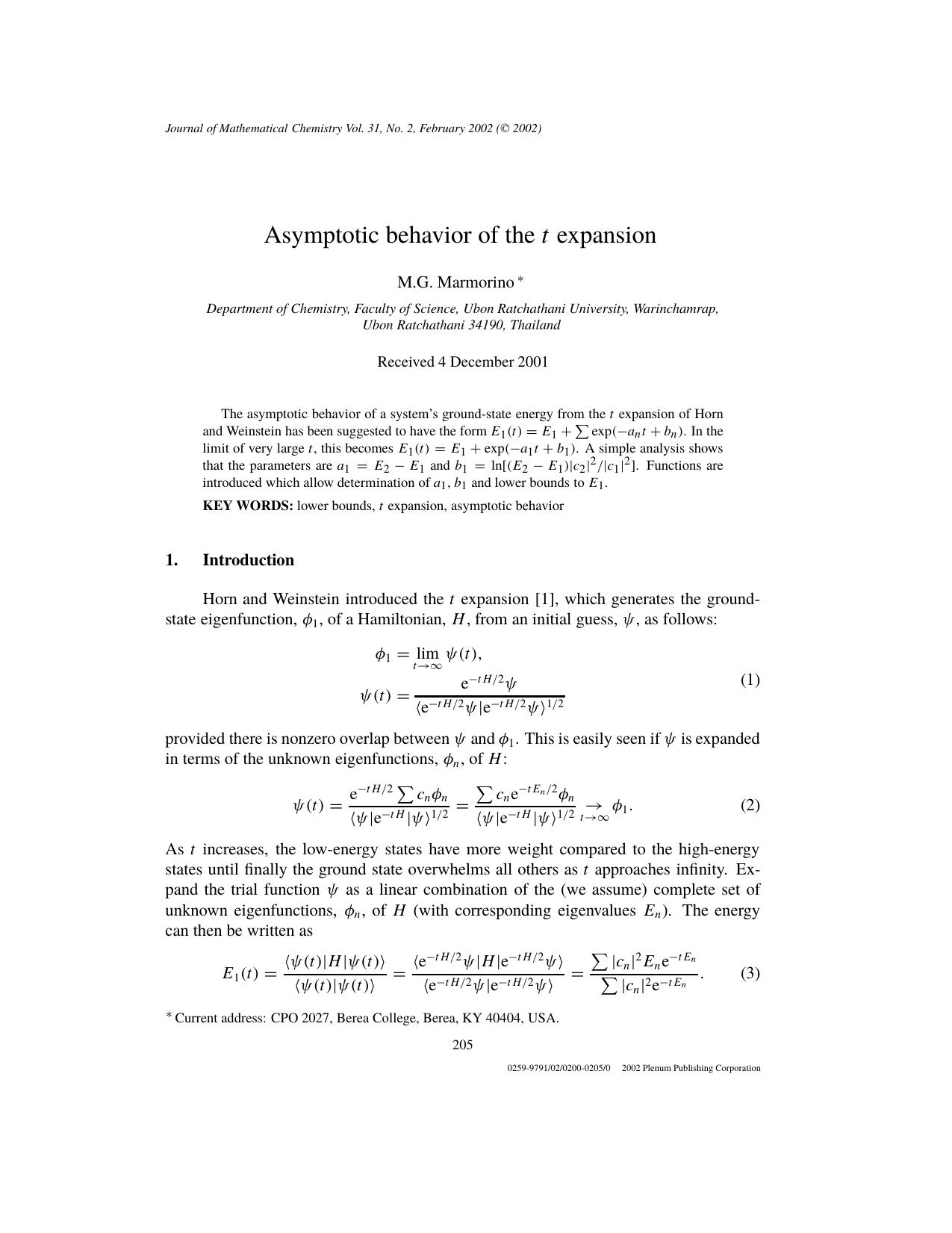 Asymptotic Behavior of the <Emphasis Type="Italic">t<Emphasis> Expansion by Unknown