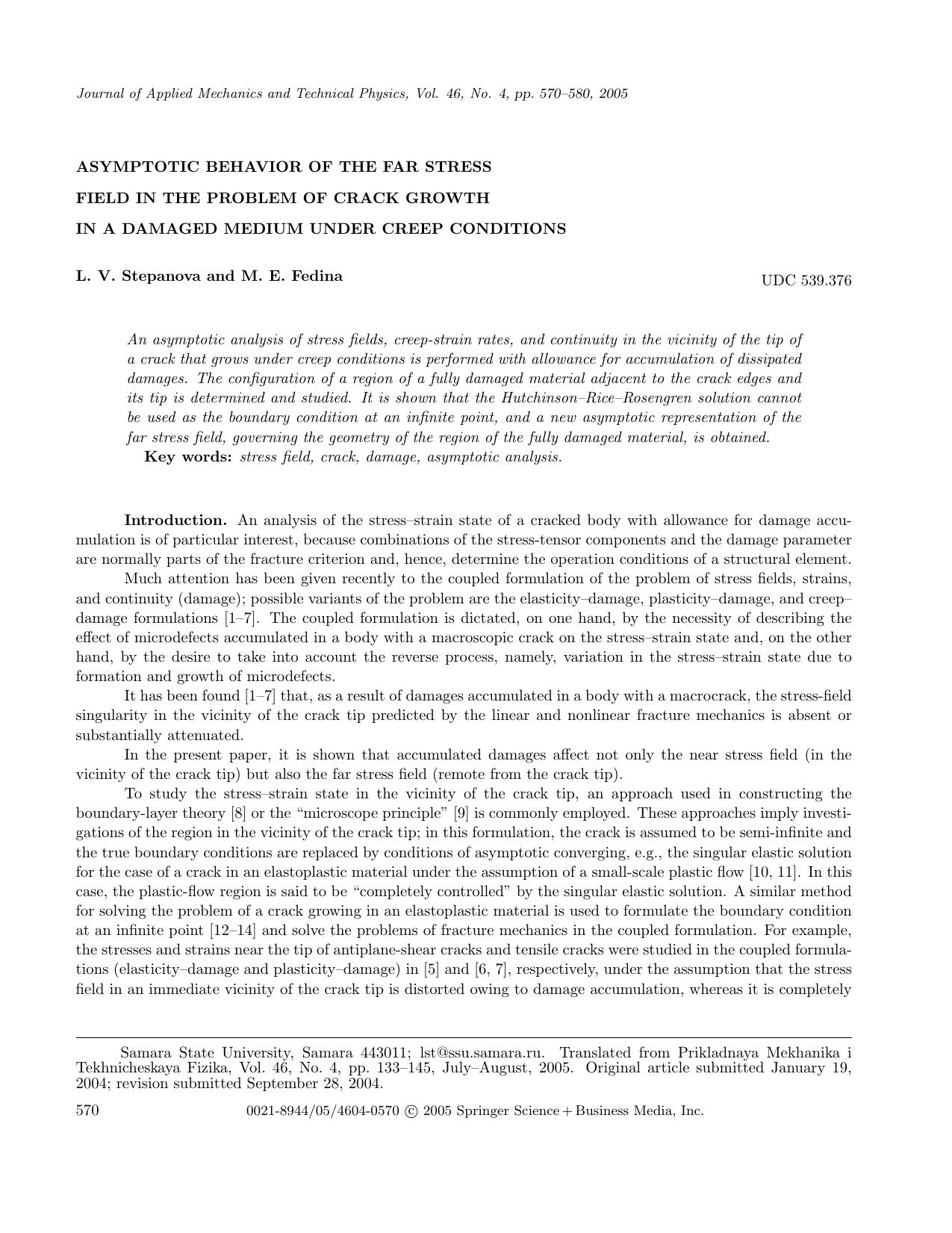 Asymptotic Behavior of the Far Stress Field in the Problem of Crack Growth in a Damaged Medium under Creep Conditions by Unknown