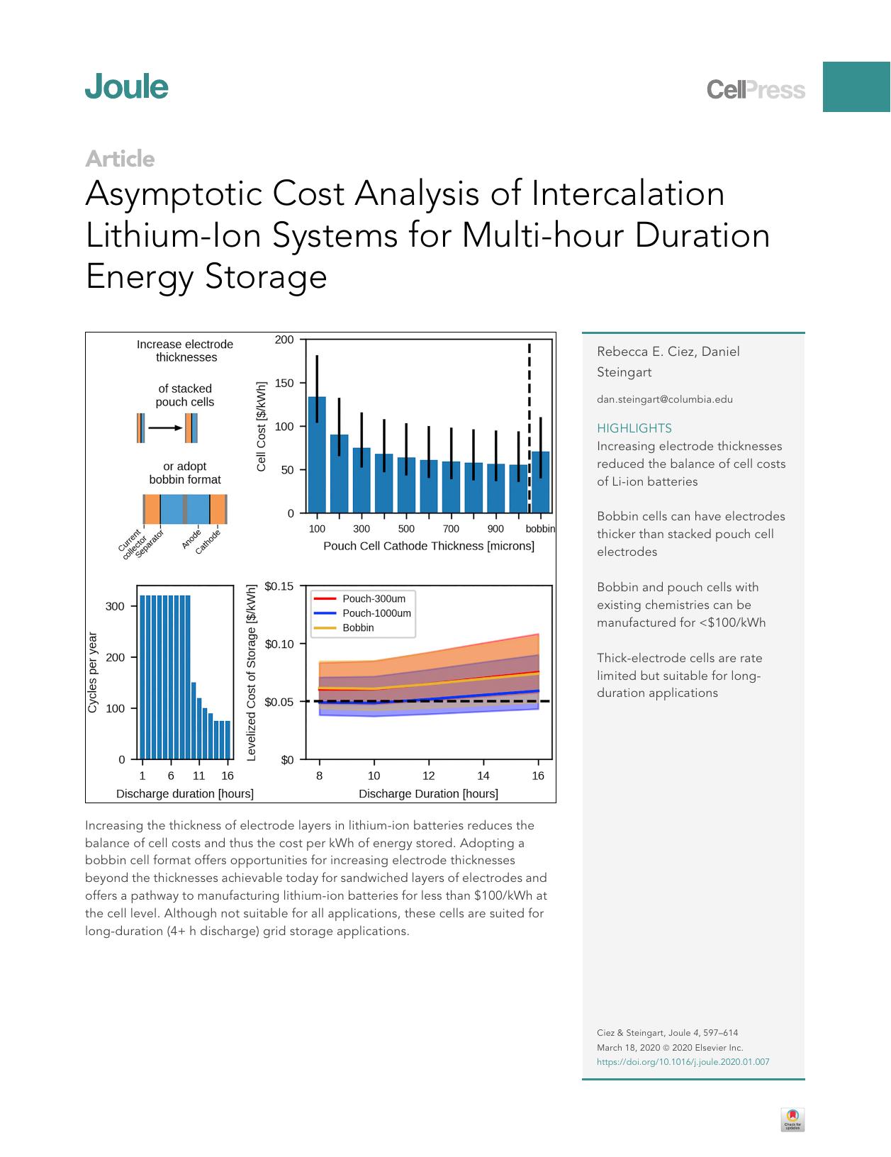 Asymptotic Cost Analysis of Intercalation Lithium-Ion Systems for Multi-hour Duration Energy Storage by Rebecca E. Ciez & Daniel Steingart