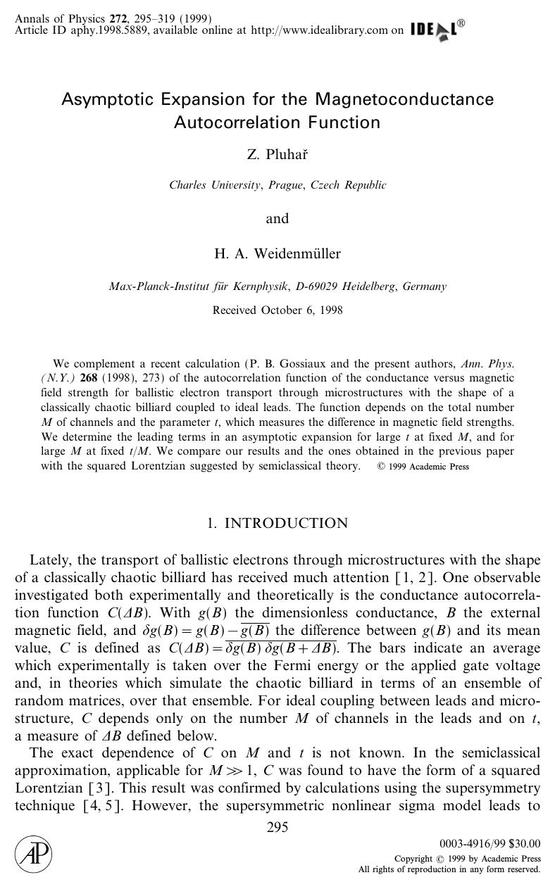 Asymptotic Expansion for the Magnetoconductance Autocorrelation Function by Pluhar Z. et al