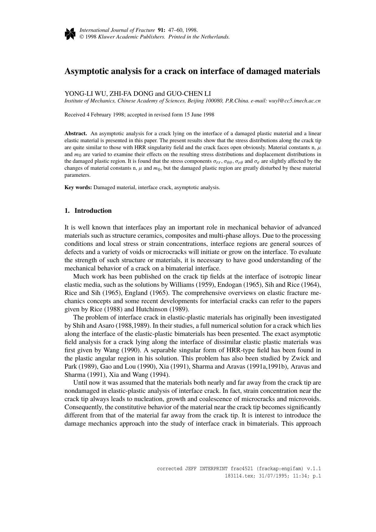 Asymptotic analysis for a crack on interface of damaged materials by Unknown