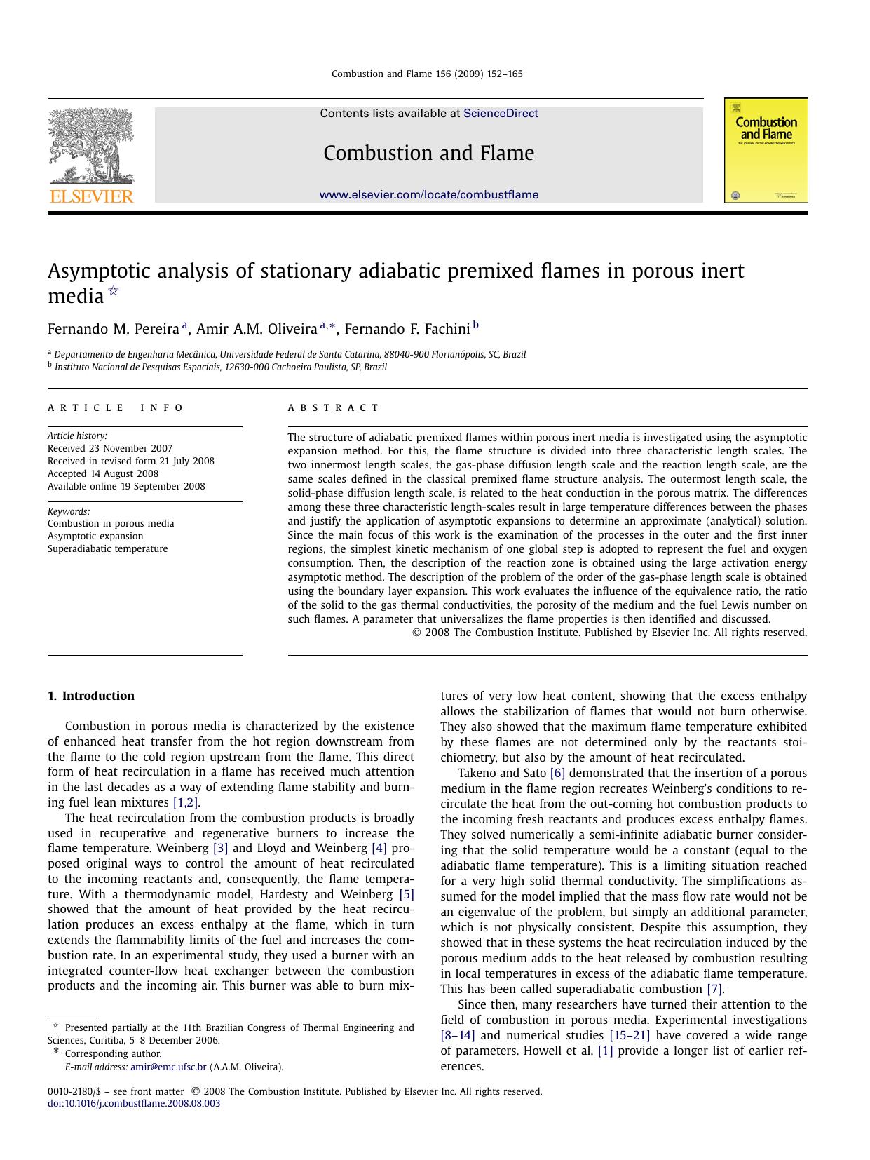 Asymptotic analysis of stationary adiabatic premixed flames in porous inert media by Fernando M. Pereira; Amir A.M. Oliveira; Fernando F. Fachini
