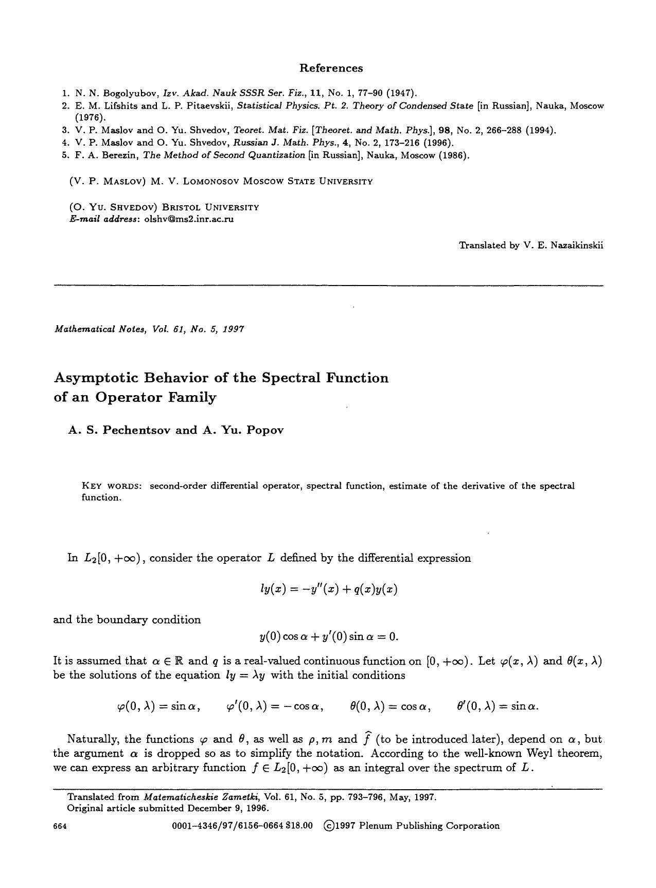 Asymptotic behavior of the spectral function of an operator family by Unknown