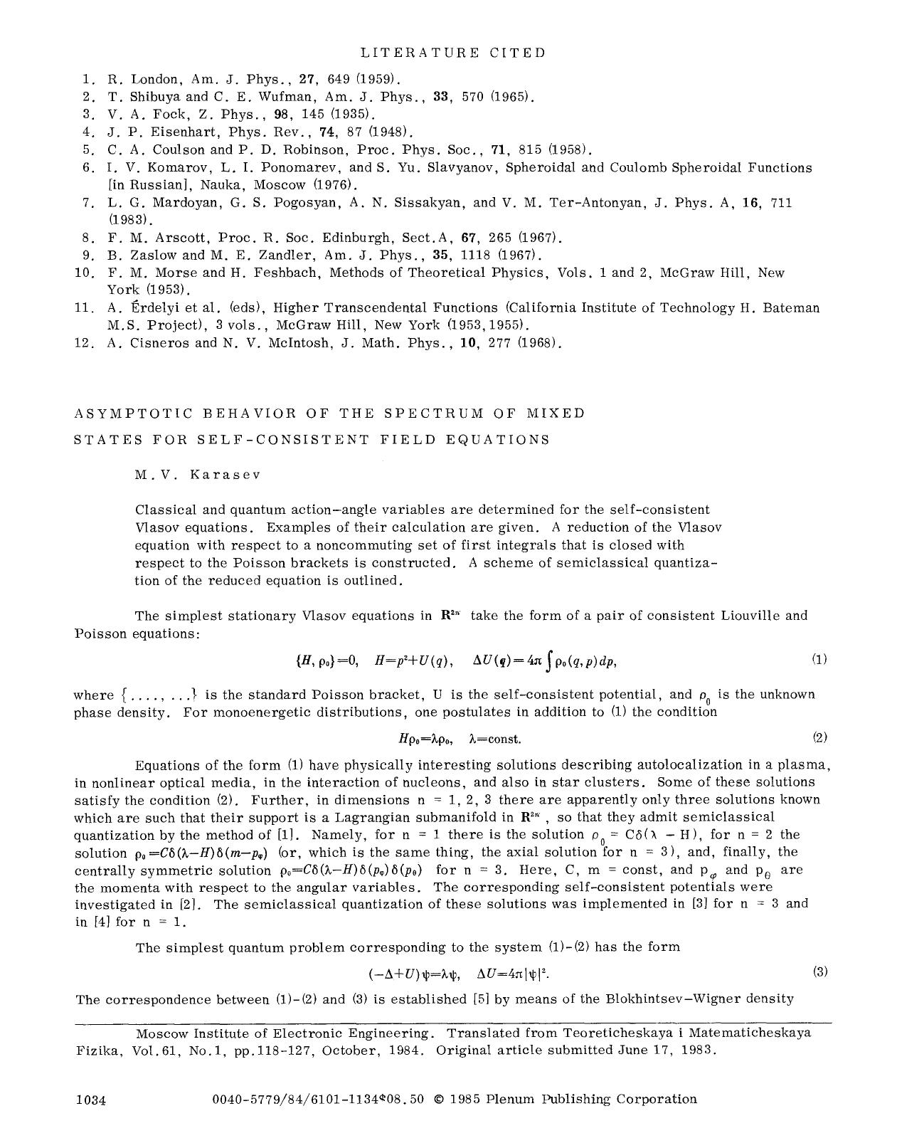 Asymptotic behavior of the spectrum of mixed states for self-consistent field equations by Unknown