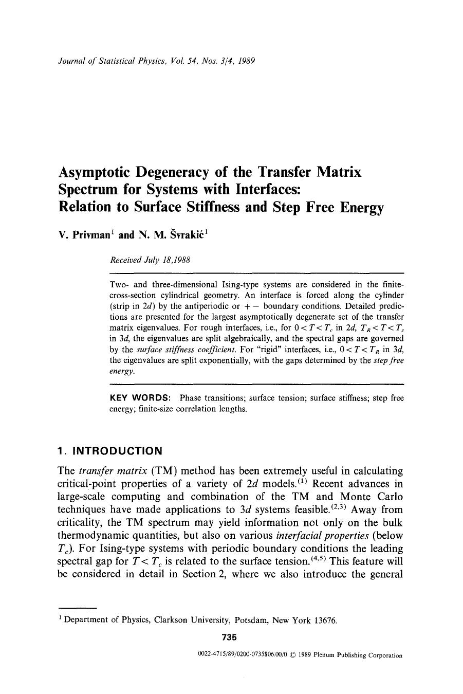 Asymptotic degeneracy of the transfer matrix spectrum for systems with interfaces: Relation to surface stiffness and step free energy by Unknown