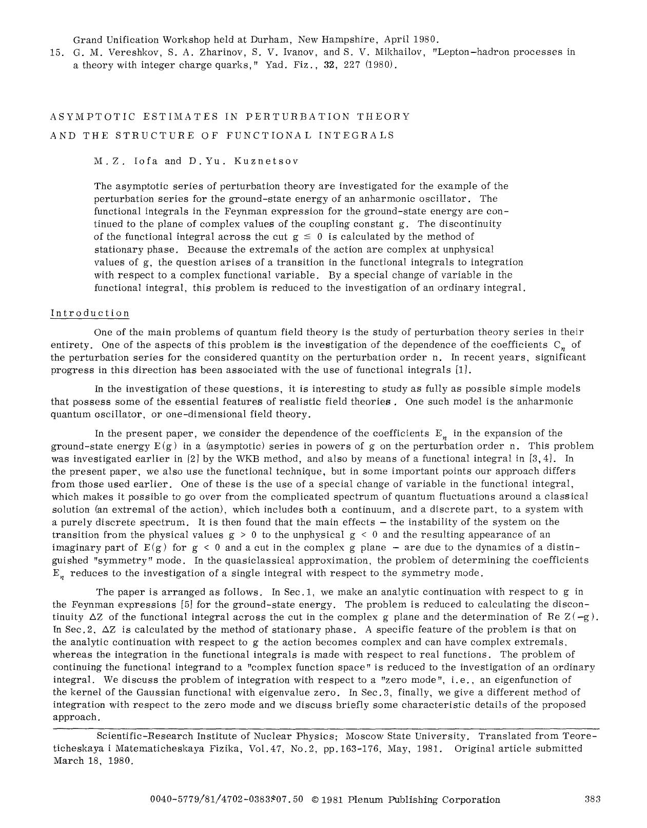 Asymptotic estimates in perturbation theory and the structure of functional integrals by Unknown