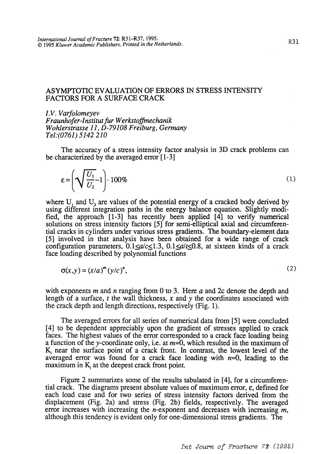 Asymptotic evaluation of errors in stress intensity factors for a surface crack by Unknown