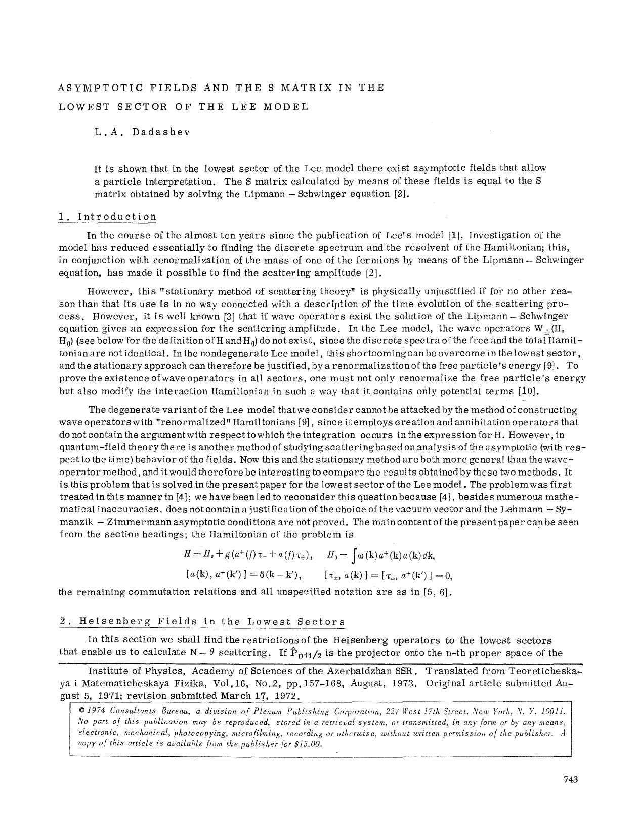 Asymptotic fields and the S matrix in the lowest sector of the Lee model by Unknown