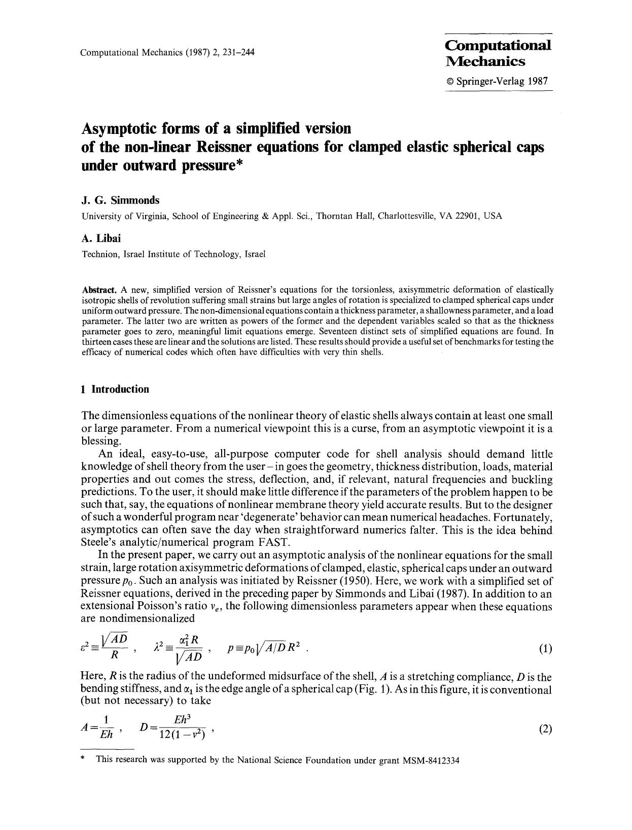 Asymptotic forms of a simplified version of the non-linear Reissner equations for clamped elastic spherical caps under outward pressure by Unknown