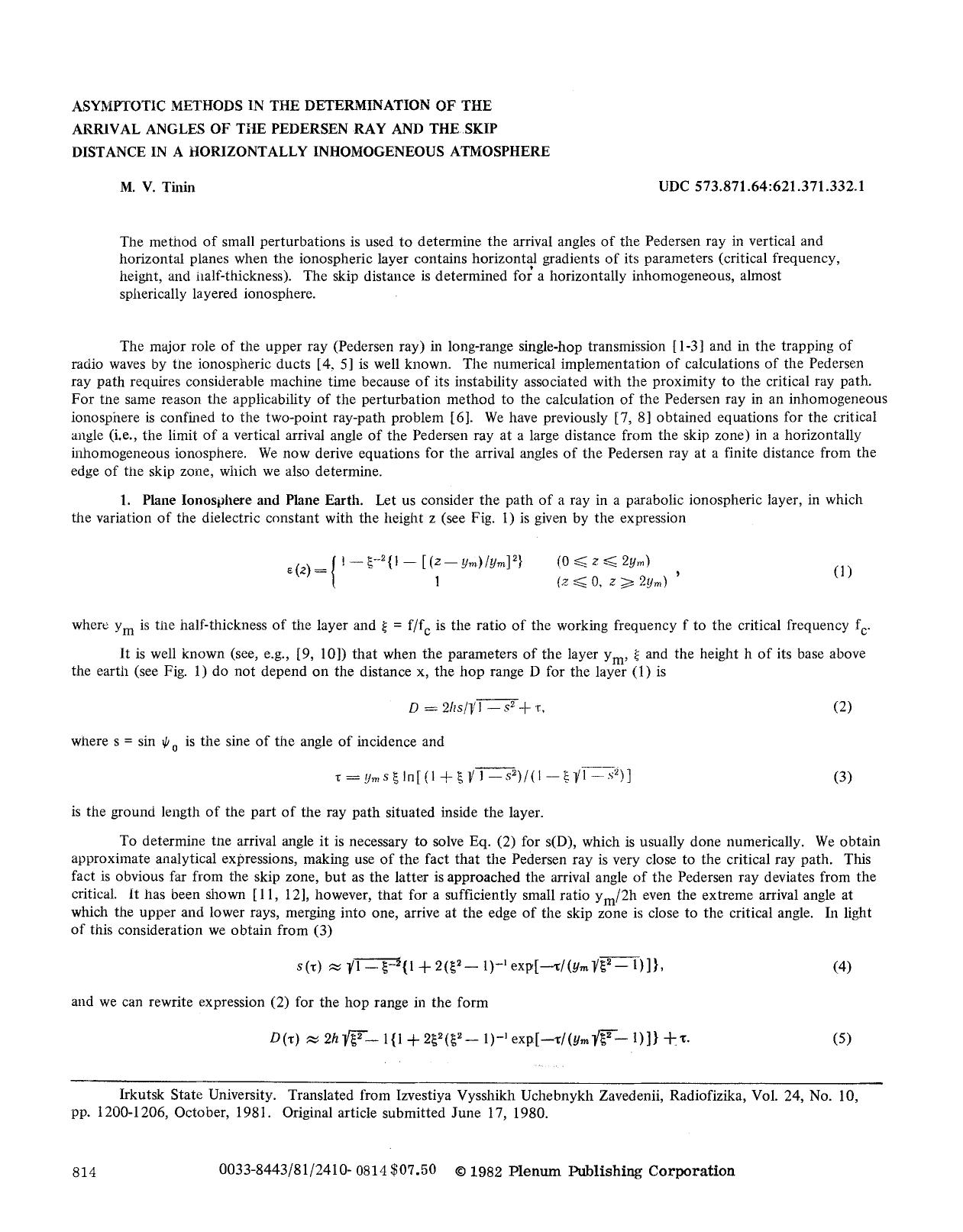 Asymptotic methods in the determination of the arrival angles of the Pedersen ray and the skip distance in a horizontally inhomogeneous atmosphere by Unknown