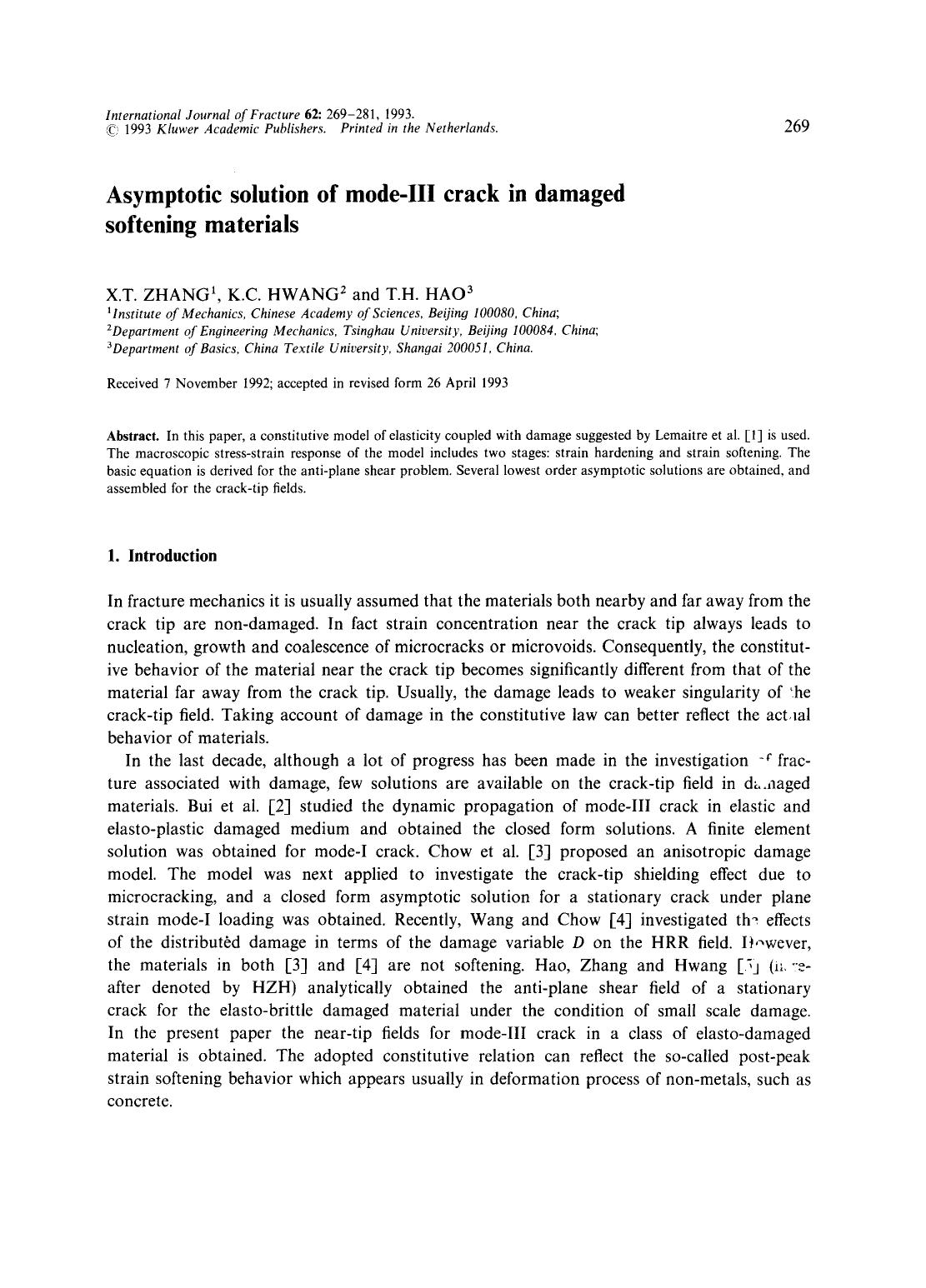 Asymptotic solution of mode-III crack in damaged softening materials by Unknown