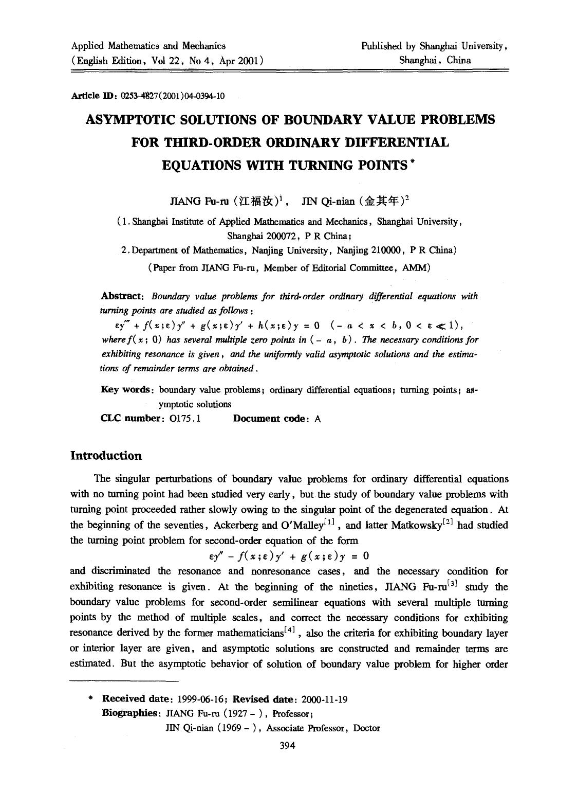 Asymptotic solutions of boundary value problems for third-order ordinary differential equations with turning points by Unknown